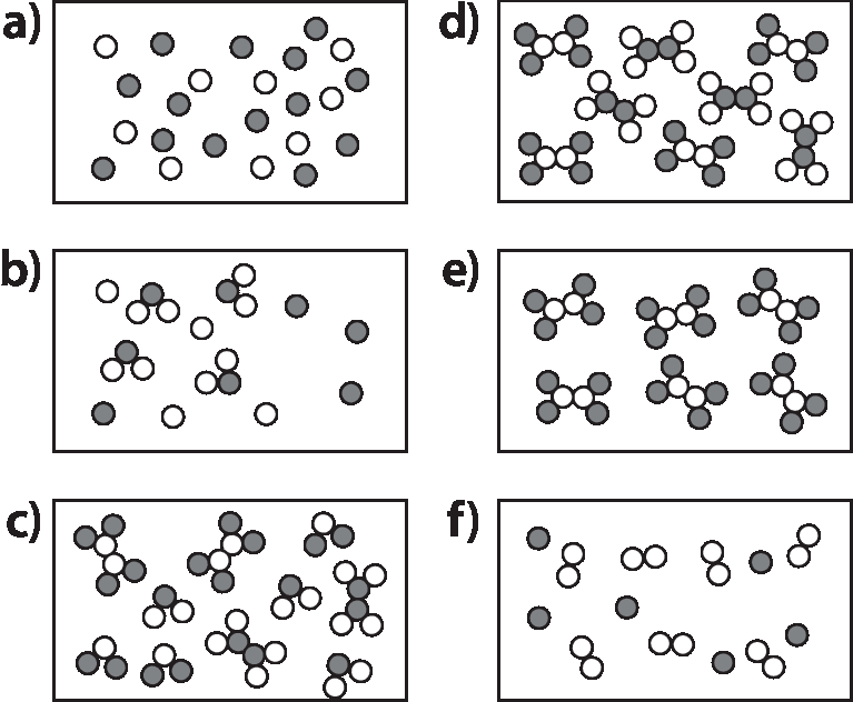 Ilustração a. Diversas bolinhas brancas e diversas bolinhas cinza misturadas. Ilustração b. Bolinhas brancas e bolinhas cinza misturadas. Há também conjuntos de duas bolinhas brancas ligadas a uma bolinha cinza. Ilustração c. Conjuntos de duas bolinhas cinza ligadas a uma bolinha branca; duas bolinhas brancas ligadas a uma bolinha cinza; quatro bolinhas brancas ligadas a duas bolinhas cinza; quatro bolinhas cinza ligadas a duas bolinhas brancas. Ilustração d. Conjuntos compostos por: quatro bolinhas brancas ligadas a duas bolinhas cinza; quatro bolinhas cinza ligadas a duas bolinhas brancas. Ilustração e. Conjuntos compostos por quatro bolinhas cinza ligadas a duas bolinhas brancas. Ilustração f. Conjunto de duas bolinhas brancas ligadas entre si e bolinhas cinza individuais.