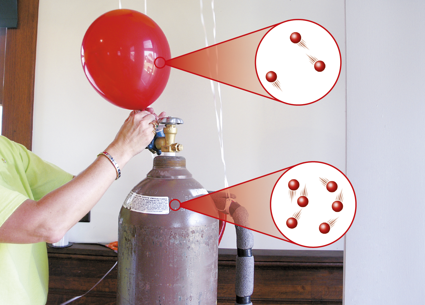 Fotografia. Uma pessoa segurando um balão de festa cheio ligado a um tanque de gás. Um destaque de ampliação parte do balão e mostra três bolinhas vermelhas em rápido movimento. Outro destaque de ampliação parte do cilindro de gás e tem seis bolinhas vermelhas em rápido movimento.