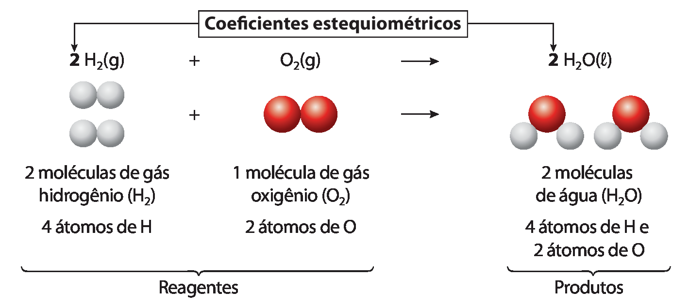 Esquema. À esquerda, os reagentes; uma seta indica para a direita, os produtos.
À esquerda, dois pares de bolas cinza com a indicação 2 H2 (gasoso), 2 moléculas de gás hidrogênio (H2), 4 átomos de H. À direita, símbolo de mais e um par de bolas vermelhas com a indicação O2 (gasoso), 1 molécula de gás oxigênio (O2), 2 átomos de O. Seta para a direita, apontando para dois conjuntos formados de uma bola vermelha ligada a duas bolas cinza, com a indicação 2 H2O (líquido), 2 moléculas de água (H2O), 4 átomos de H e 2 átomos de O.
Uma seta de duplo sentido aponta para o numeral 2 de 2 H2 nos reagentes e para o numeral 2 de 2 H2O nos produtos, com a indicação Coeficientes estequiométricos.