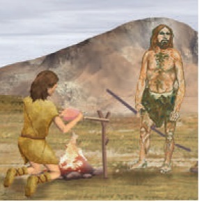 Ilustração. Dois humanos pré-históricos. Um está em pé e segura uma lança, enquanto o outro está ajoelhado diante de uma fogueira e posiciona um pedaço de carne sobre uma chama para assá-la. Ao fundo, um morro.