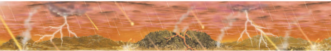 Ilustração. Céu vermelho com raios e rastros de rochas incandescentes caindo em direção a superfície. Estruturas rochosas aparecem no solo, soltando lava avermelhada.