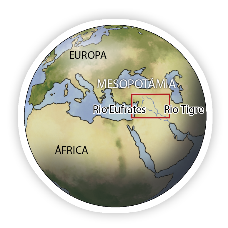 Mapa. Recorte da região do Oriente Médio, Europa e norte da África. O mapa destaca a Mesopotâmia por meio de um retângulo vermelho, e evidencia a passagem nessa região dos rios Eufrates e Tigre.