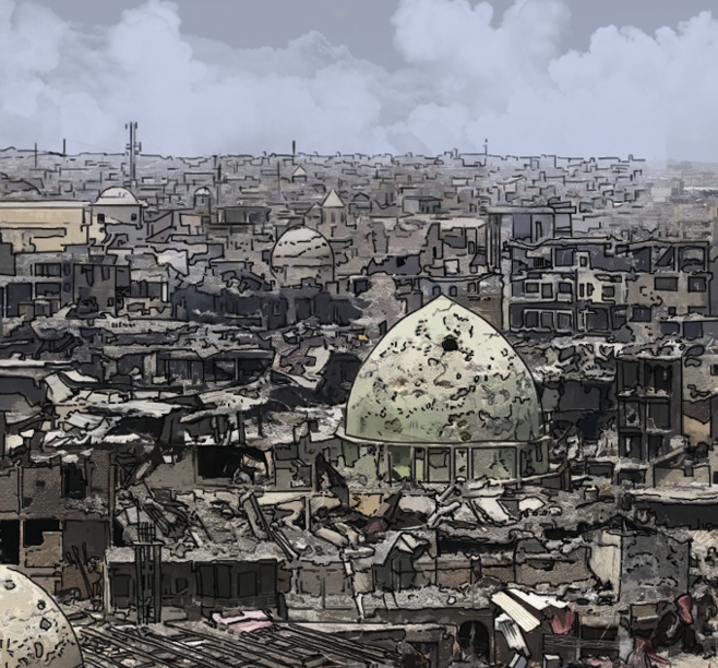 Ilustração. Vista de uma área altamente urbanizada em escombros. A paisagem é cinza, o céu está nublado, e a concentração de prédios e casas apresentam paredes caídas, derrubadas.