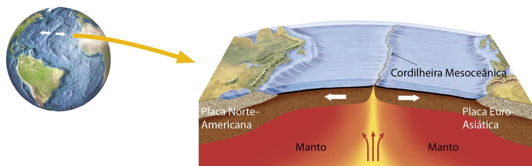 Ilustração. Cordilheira Mesoceânica. Representação do planeta Terra no canto esquerdo, onde duas setas pequenas e brancas apontam uma para a outra na área de uma falha no oceano Atlântico. Dessa região desponta uma seta grande e amarela indicando um bloco diagrama. Na parte superior, no assoalho do oceano está indicada a Cordilheira Mesoceânica, composta por uma divisão elevada no meio de um oceano. Abaixo, há uma camada marrom dividida ao meio: à esquerda, placa norte-americana e uma seta branca para a esquerda; à direita, placa euro-asiática e uma seta para a direita. Na parte inferior, uma camada vermelha com o nome manto. No centro do manto há três setas vermelhas apontadas para cima indicando o movimento de convecção do manto.