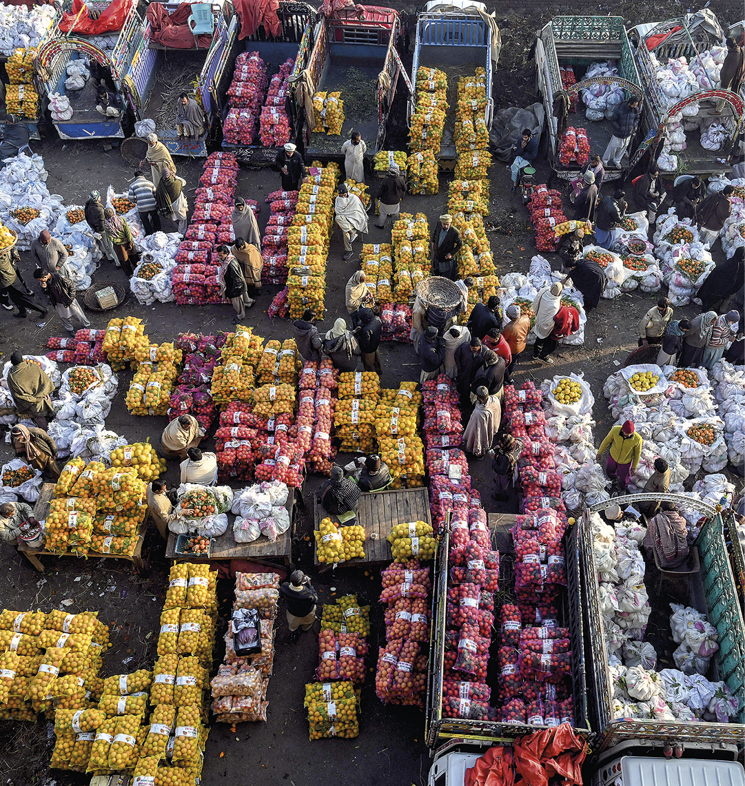 Fotografia. Vista vertical de feira livre situada em um local aberto, cujos produtos estão ensacados e empilhados no chão. Há sacos brancos, amarelos, laranjas e vermelhos. Entre as pilhas dos produtos, algumas pessoas circulam na área.
