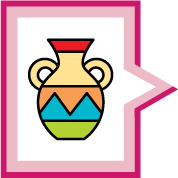 Ícone. Ícone indicativo da seção ‘Lugar e cultura’. O ícone corresponde a uma ilustração composta por um vaso colorido dentro de um balão de diálogo que, por sua vez, está dentro de uma tarja retangular de fundo rosa escuro com a inscrição ‘Lugar e cultura’ grafada em letras brancas.