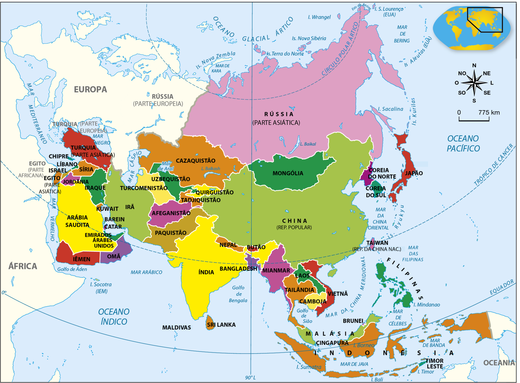 Mapa. Ásia: Divisão Política. O mapa apresenta os países do continente asiático. Estão representados: Rússia (parte asiática), Turquia (parte asiática), Cazaquistão, Mongólia, China (República Popular), Japão, Chipre, Síria, Irã, Turcomenistão, Uzbequistão, Quirguistão, Coreia do Norte, Líbano, Jordânia, Iraque, Coreia do Sul, Egito (parte asiática), Israel, Jordânia, Iraque, Tadjiquistão, Arábia Saudita, Kuwait, Afeganistão, Barein, Catar, Emirados Árabes, Paquistão, Índia, Nepal, Butão, Taiwan (território da República da China Nacional), Iêmen, Omã, Bangladesh, Mianmar, Vietnã, Filipinas, Laos, Tailândia, Camboja, Maldivas, Sri Lanka, Malásia, Brunei, Cingapura, Indonésia e Timor Leste. Os países estão representados por diferentes cores. O Oceano Índico, ao sul da Ásia, o Oceano Glacial Ártico, ao norte, o Oceano Pacífico, à leste, além de outros mares, também estão representados. Na parte direita, rosa dos ventos e escala de 0 a 775 quilômetros.