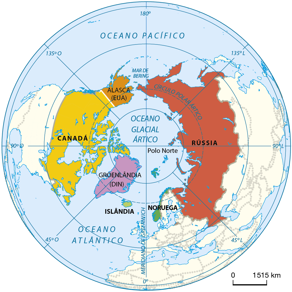 Mapa. Oceano Glacial Ártico. Projeção em que é possível observar, ao centro e em destaque, o Polo Norte e o Oceano Glacial Ártico. Próximo ao centro estão as áreas da Groenlândia, do Canadá, da Rússia, do Alasca, da Noruega e da Islândia, abrangidos pelo Círculo Polar Ártico. Esses países e territórios estão representados por cores. Nas extremidades da representação, se afastando do centro, se encontram, em amarelo claro, países banhados pelos oceanos Atlântico e Pacífico. Abaixo, escala de 0 a 1.515 quilômetros.