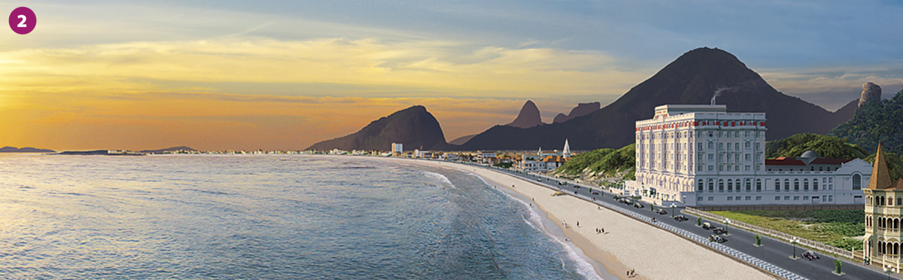 Ilustração 2. Mesma vista panorâmica da região litorânea representada na ilustração um. Algumas construções, como casas e uma avenida na orla, perto da faixa de areia, surgem na paisagem. Há apenas uma grande construção, com vários andares, além de outras construções menores, e o tráfego de carros na avenida não é intenso. Há algumas áreas com a vegetação preservada.