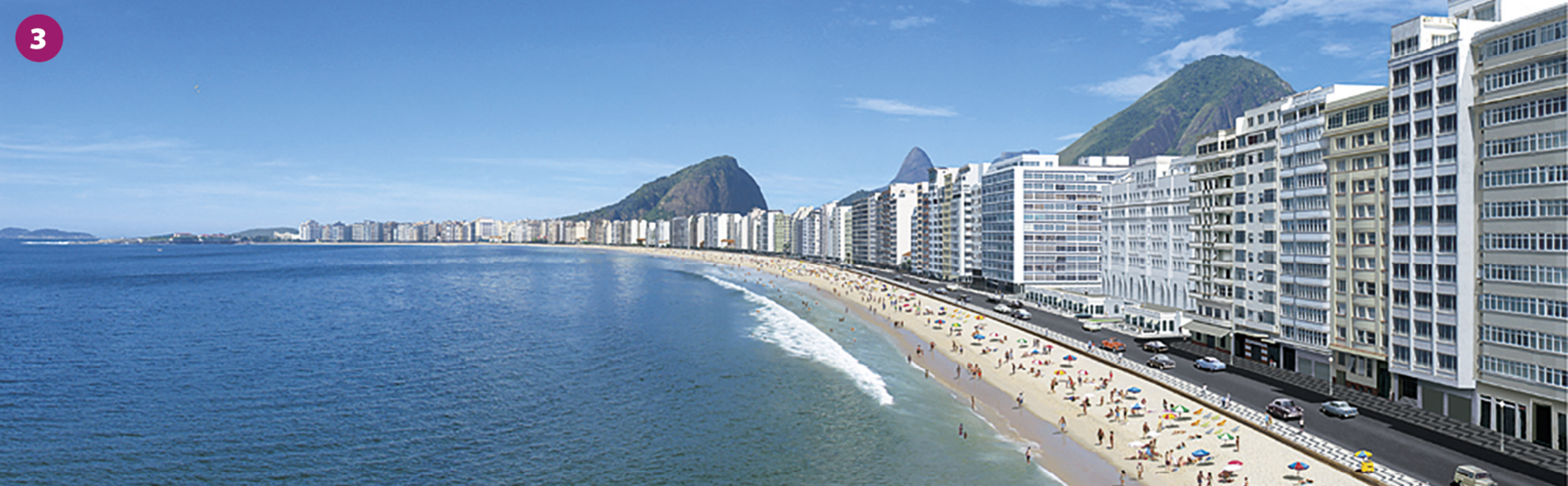 Ilustração 3. Mesma vista panorâmica da região litorânea representada nas ilustrações um e dois. A orla apresenta muitos prédios, encobrindo grande parte da paisagem do segundo plano. A faixa de areia contém diversos banhistas e há apenas uma avenida, na qual transitam alguns carros