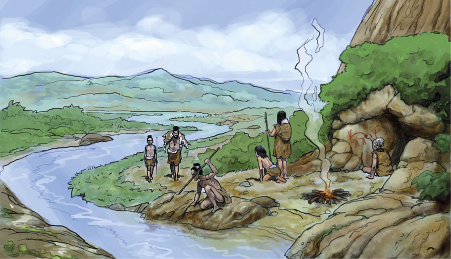 Ilustração. Representação de um grupo humano pré-histórico. Estão abrigados à margem de um rio e cada um exerce uma atividade diferente. Um deles desenha na parede da entrada de uma caverna. Outro empunha uma lança para pescar no rio e uma dupla retorna por um caminho carregando um animal abatido.