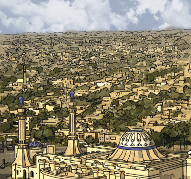 Ilustração. Vista de uma cidade com grande concentração de construções retangulares em tons marrons. Em primeiro plano, um palácio com torres e teto circular. A ilustração mostra uma paisagem ensolarada, com céu azul na parte superior.