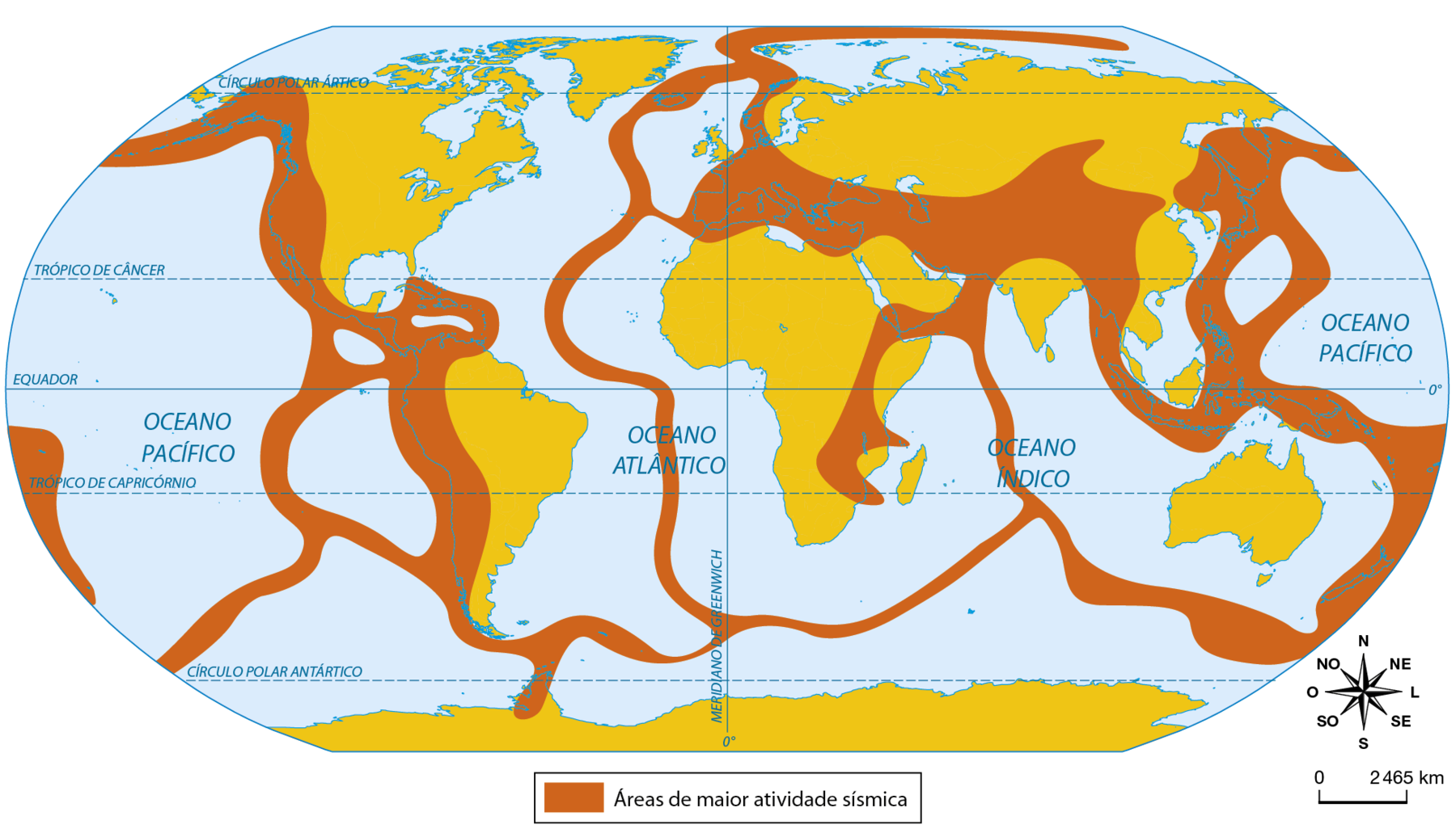 Mapa. Planisfério: áreas de maior ocorrência de terremotos. O planisfério apresenta, em manchas laranjas, as áreas de maior atividade sísmica. As manchas estão concentradas nas regiões a oeste de todo o continente americano, entre o continente americano e africano, entre Antártida e  América, África e Austrália, e se estende pelo continente europeu até a extremidade da Ásia. As porções de áreas evidenciadas pela mancha laranja também tomam grande extensão do oceano Pacífico nos países asiáticos. Abaixo, rosa dos ventos e escala o a 2.465 quilômetros.