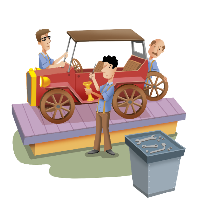 Ilustração. Três homens estão em pé no entorno de uma bancada e um veículo antigo sobre ela. Ao lado da bancada, uma mesa apoiando algumas ferramentas. Os três homens manuseiam o veículo nas laterais da bancada.