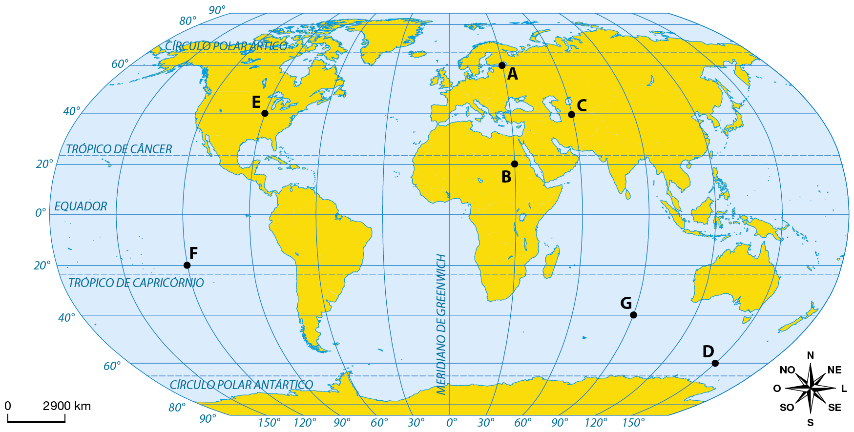 Mapa. Planisfério: coordenadas geográficas. O mapa contém os pontos A, B, C, D, E, F e G. O ponto A está a 60 graus de latitude norte e a 30 graus de longitude leste. O ponto B está a 20 graus de latitude norte e a 30 graus de longitude leste. O ponto C está a 40 graus de latitude norte e a 60 graus de longitude leste. O ponto D está a 60 graus de latitude sul e a 150 de longitude leste. O ponto E está a 40 graus de latitude norte e a 90 graus de longitude oeste. O ponto F está a 20 graus de latitude sul e a 120 de longitude oeste. O ponto G está a 40 graus de latitude sul e a 90 graus de longitude leste. Abaixo, escala de 0 a 2.900 quilômetros, e rosa dos ventos.