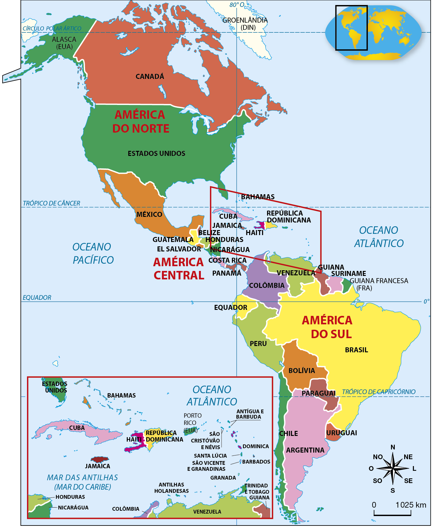 Mapa. América: Divisão Política. Representação do continente americano dividido em três partes. A América do Norte possui terras que se estendem acima do Círculo Polar ártico ao sul do Trópico de Capricórnio; a América Central se encontra entre o Trópico de Câncer e o Equador; e a América do Sul se encontra entre o Trópico de Câncer e o Círculo Polar Antártico. A América do Norte é composta por: Groenlândia (território dinamarquês), Alasca (território estadunidense), Canadá, Estados Unidos e México. A América Central é composta por Bahamas, Cuba, Antígua e Barbuda, Guatemala, República Dominicana, Haiti, Jamaica, Belize, Honduras, El Salvador, Nicarágua, Costa Rica, Panamá, além de outras ilhas. Na região da América Central, há um destaque no canto inferior esquerdo do mapa para as ilhas menores dessa região, que são reconhecidas como países. São elas, em ordem de cima para baixo, Porto Rico (território estadunidense), Antígua e Barbuda, São Cristóvão e Névis, Dominica, Santa Lúcia, São Vicente e Granadinas, Barbados, Granada, Trinidad e Tobago e Antilhas Holandesas. A América do Sul é composta por Colômbia, Venezuela, Guiana, Suriname, Guiana Francesa (território francês), Equador, Brasil, Peru, Bolívia, Chile, Paraguai, Argentina e Uruguai. Os países estão representados por diferentes cores. O Oceano Atlântico, à leste da América, e o Oceano Pacífico, à oeste, também estão representados. Abaixo, rosa dos ventos e escala de 0 a 1.025 quilômetros.