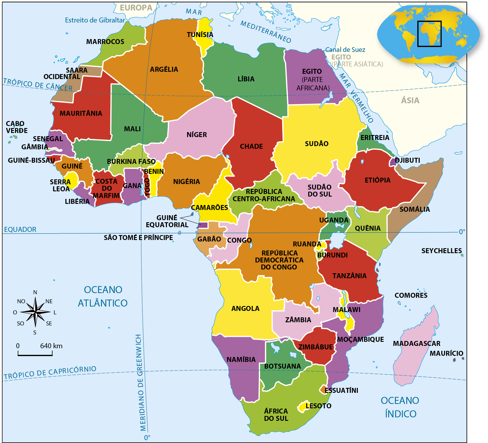 Mapa. África: Divisão política. O mapa apresenta os países do continente africano. Estão representados: Marrocos, Tunísia, Argélia, Saara Ocidental, Líbia, Egito (parte africana), Mauritânia, Mali, Níger, Chade, Sudão, Eritreia, Senegal, Gâmbia, Guiné-Bissau, Guiné, Burkina Faso, Djibuti, Serra Leoa, Costa do Marfim, Gana, Togo, Benin, Nigéria, Camarões, República Centro-Africana, Sudão do Sul, Etiópia, Somália, Guiné Equatorial, São Tomé e Príncipe, Gabão, Congo, República Democrática do Congo, Uganda, Quênia, Ruanda, Seychelles, Burundi, Tanzânia, Angola, Zâmbia, Malawi, Moçambique, Comores, Madagascar, Namíbia, Botsuana, Zimbábue, Maurício, África do Sul, Essuatíni e Lesoto. Os países estão representados por diferentes cores. O Oceano Atlântico, à oeste da África, o Oceano Índico, à leste, e os mares Mediterrâneo e Vermelho, à norte e noroeste, também estão representados. No canto inferior, à esquerda, rosa dos ventos e escala de 0 a 640 quilômetros.