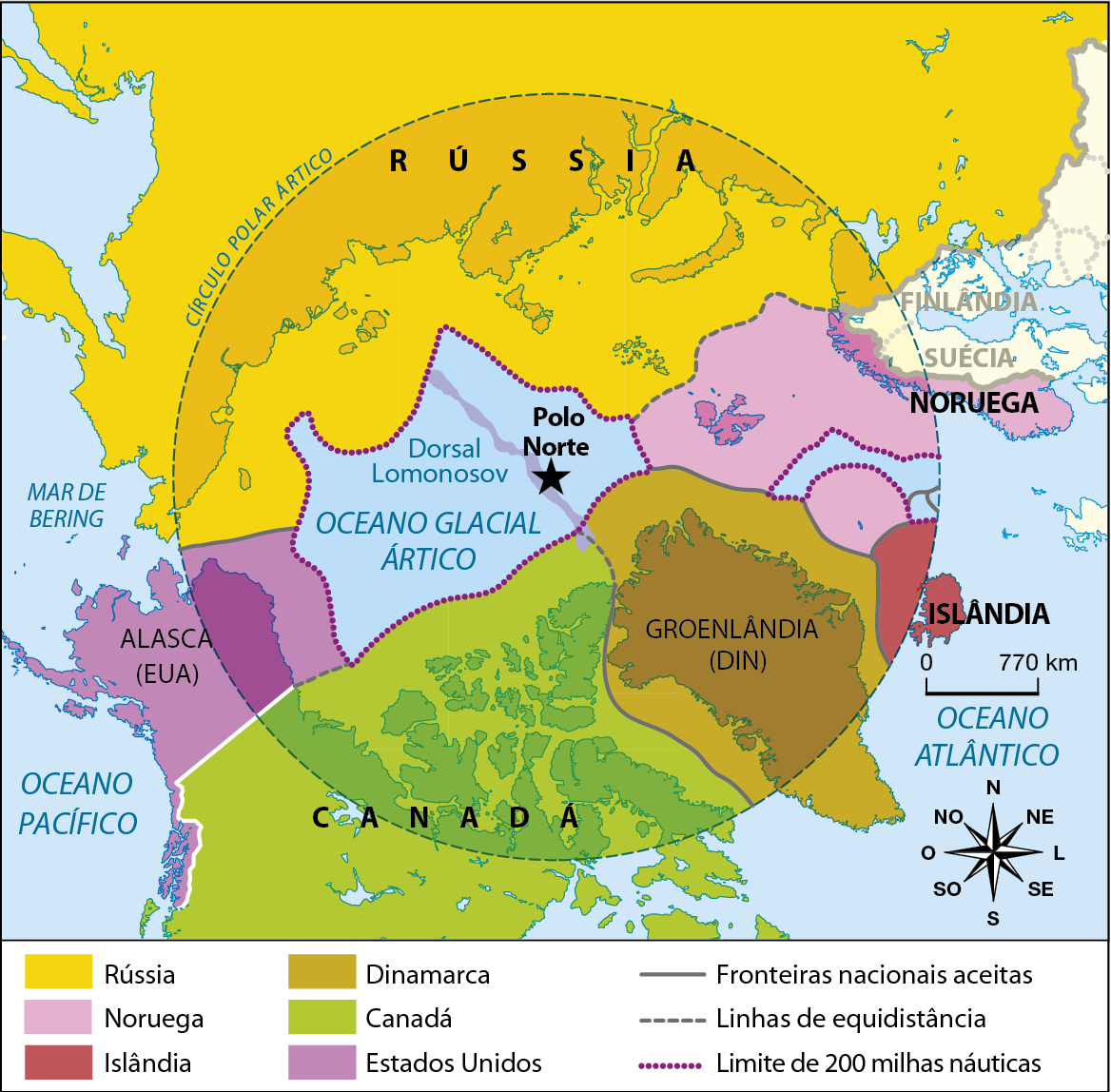 Mapa. Círculo polar ártico: territórios. Mapa com destaque para o Oceano Glacial Ártico ao centro e países e territórios abrangidos por ele: Rússia, Alasca (Estados Unidos), Canadá, Groenlândia (Dinamarca), Islândia e Noruega. Fronteiras nacionais aceitas estão representadas graficamente por uma linha cinza contínua, linhas de equidistância estão representadas por uma linha cinza pontilhada (entre Noruega e Rússia e Canadá e Alasca). Há uma linha roxa representando o limite de 200 milhas náuticas ao redor do oceano glacial ártico em contato com Rússia, Alasca, Canadá, Groenlândia, Noruega. À direita, escala de 0 a 770 quilômetros. Abaixo, a rosa dos ventos.