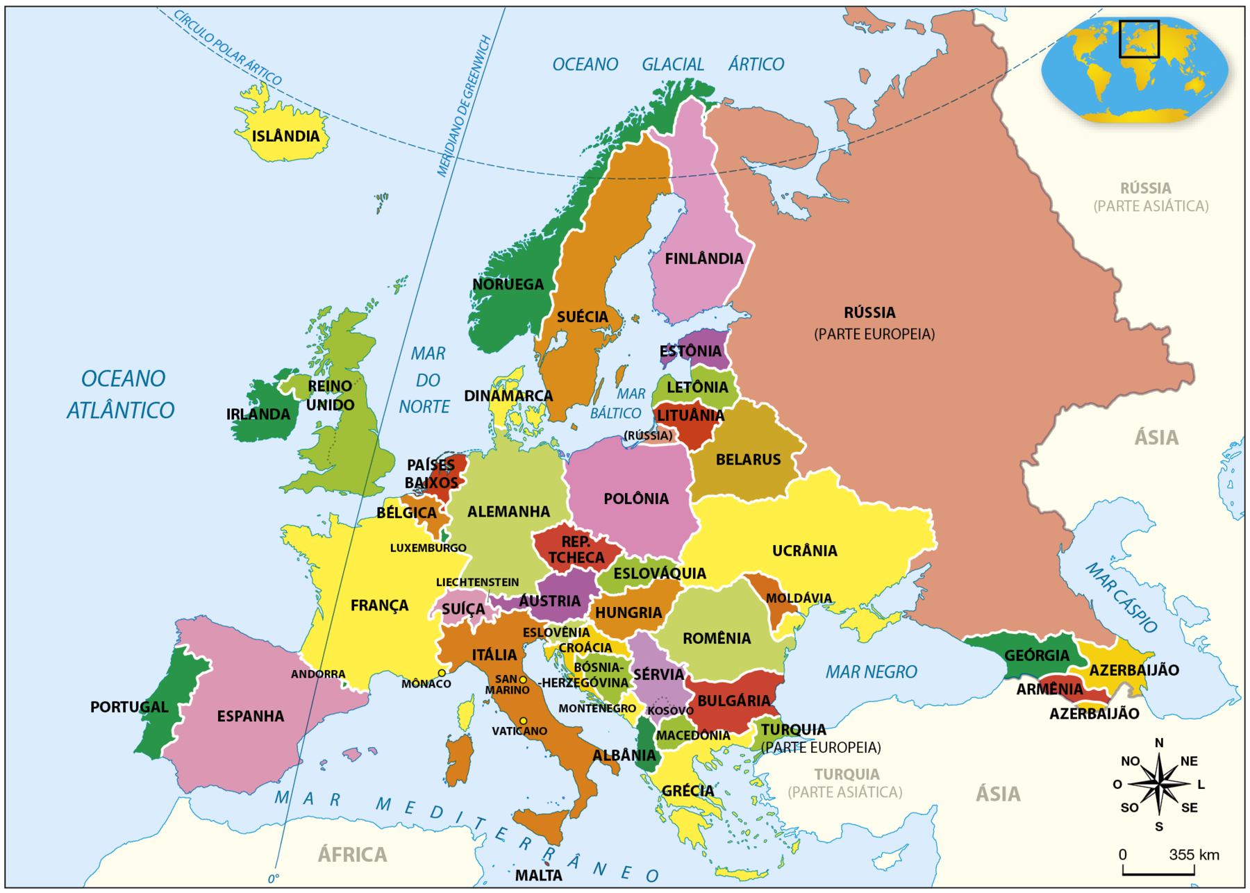 Mapa. Europa: Divisão Política. O mapa apresenta os países do continente europeu. Estão representados: Islândia, Noruega, Suécia, Finlândia, Rússia (parte europeia), Irlanda, Reino Unido, Dinamarca, Estônia, Letônia, Lituânia, Países Baixos, Alemanha, Polônia, Belarus, Bélgica, França, Luxemburgo, República Tcheca, Eslováquia, Ucrânia, Suíça, Liechtenstein, Áustria, Hungria, Romênia, Moldávia, Espanha, Andorra, Mônaco, Itália,  Eslovênia, Croácia, Sérvia,  Romênia, Portugal, Bósnia-Herzegovina, Kosovo, San Marino, Vaticano, Montenegro, Bulgária, Geórgia, Azerbaijão, Albânia, Macedônia, Turquia (parte europeia), Armênia, Grécia e Malta. Os países estão representados por diferentes cores. O Oceano Atlântico, à oeste da Europa, os mares Mediterrâneo e Negro, ao sul, além de outros mares, também estão representados. No canto inferior direito, rosa dos ventos e escala de 0 a 355 quilômetros.