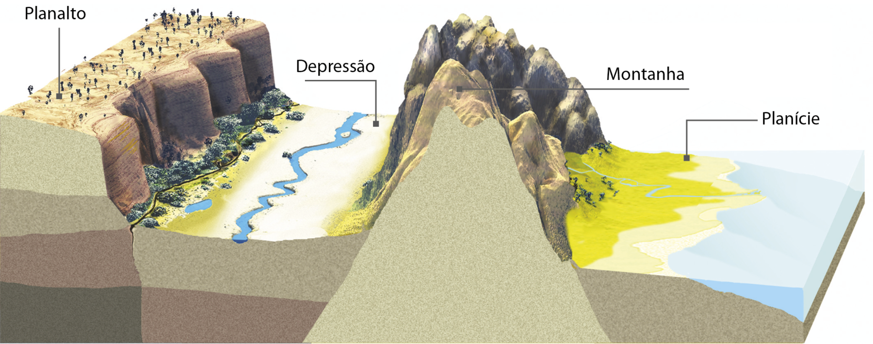 Ilustração. Principais formas de relevo. Bloco diagrama com as principais formas de relevo. Da esquerda para a direita, a primeira formação de relevo é denominada planalto, a qual apresenta uma superfície plana, com encosta rochosa e maior elevação em relação ao terreno localizado de seu lado direito. À direita do planalto, há a formação designada depressão, que apresenta um nível consideravelmente mais baixo do que os dois terrenos que estão em sua volta. Nessa representação, há cobertura vegetal e um pequeno rio na porção pequeno. À direita da depressão, há uma grande formação rochosa, mais alta do que o planalto, designada montanha. Ao contrário do planalto, as montanhas não apresentam superfície plana, mas picos pontiagudos. Ao lado direito da montanha há a quarta forma de relevo designada planície, um terreno plano à beira do mar, em um nível um pouco acima do oceano.