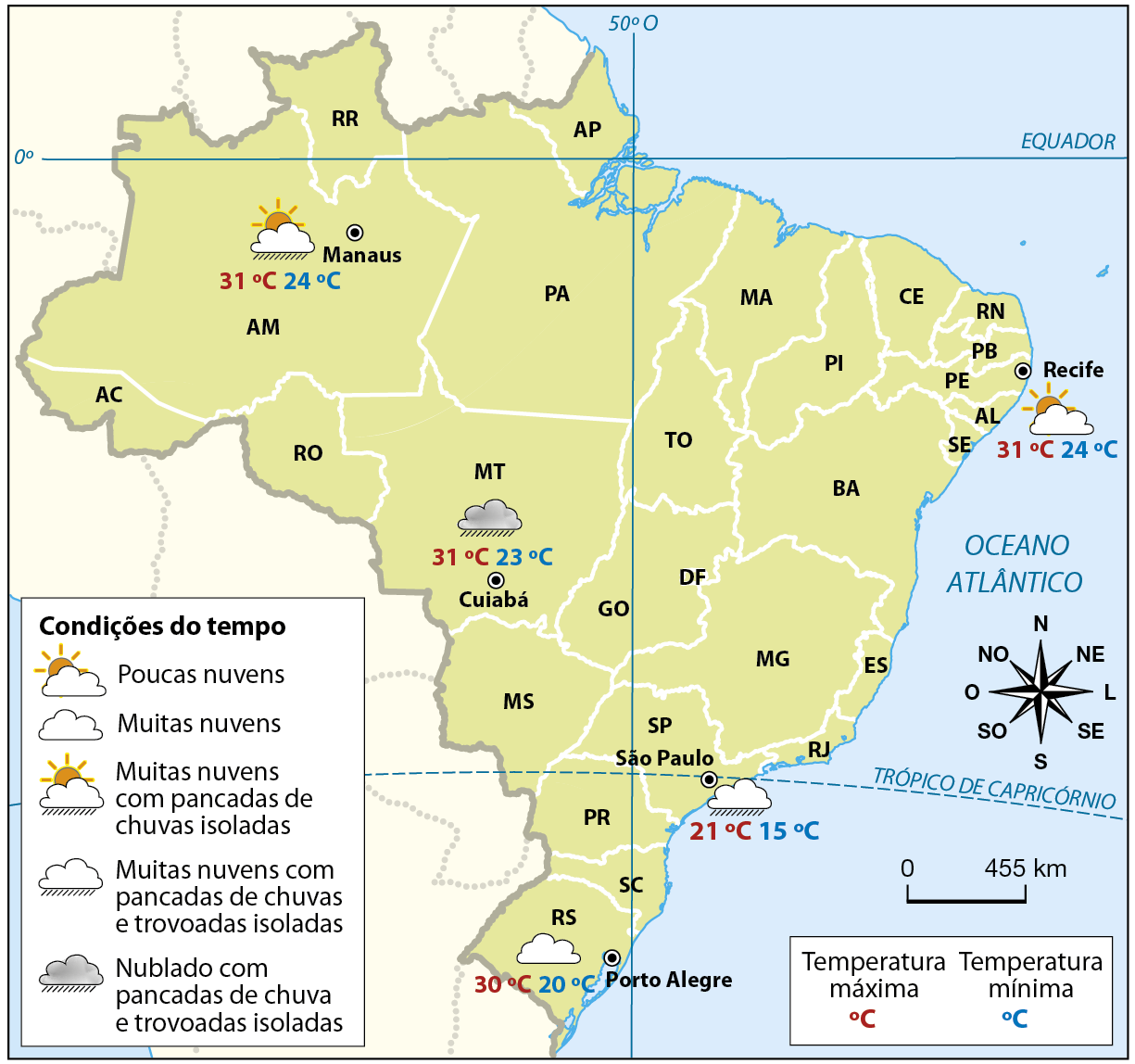 Mapa. Brasil: previsão do tempo, 13 de dezembro de 2021. Mapa com a previsão para Manaus, Cuiabá, Recife, São Paulo e Porto Alegre. Manaus (Amazonas): muitas nuvens com pancadas de chuvas e trovoadas isoladas, temperaturas mínima e máxima de 24 e 31 graus Celsius, respectivamente. Cuiabá (Mato Grosso): nublado com pancadas de chuvas e trovoadas isoladas, temperaturas mínima e máxima de 23 e 31 graus Celsius, respectivamente. Recife (Pernambuco): poucas nuvens, temperaturas mínima e máxima de 24 e 31 graus Celsius, respectivamente. São Paulo (São Paulo): muitas nuvens com pancadas de chuvas e trovoadas isoladas, temperaturas mínima e máxima de 15 e 21 graus Celsius, respectivamente. Porto Alegre (Rio Grande do Sul): muitas nuvens temperaturas mínima e máxima de 20 e 30 graus Celsius, respectivamente. Na parte inferior direita, rosa dos ventos e escala de 0 a 455 quilômetros.