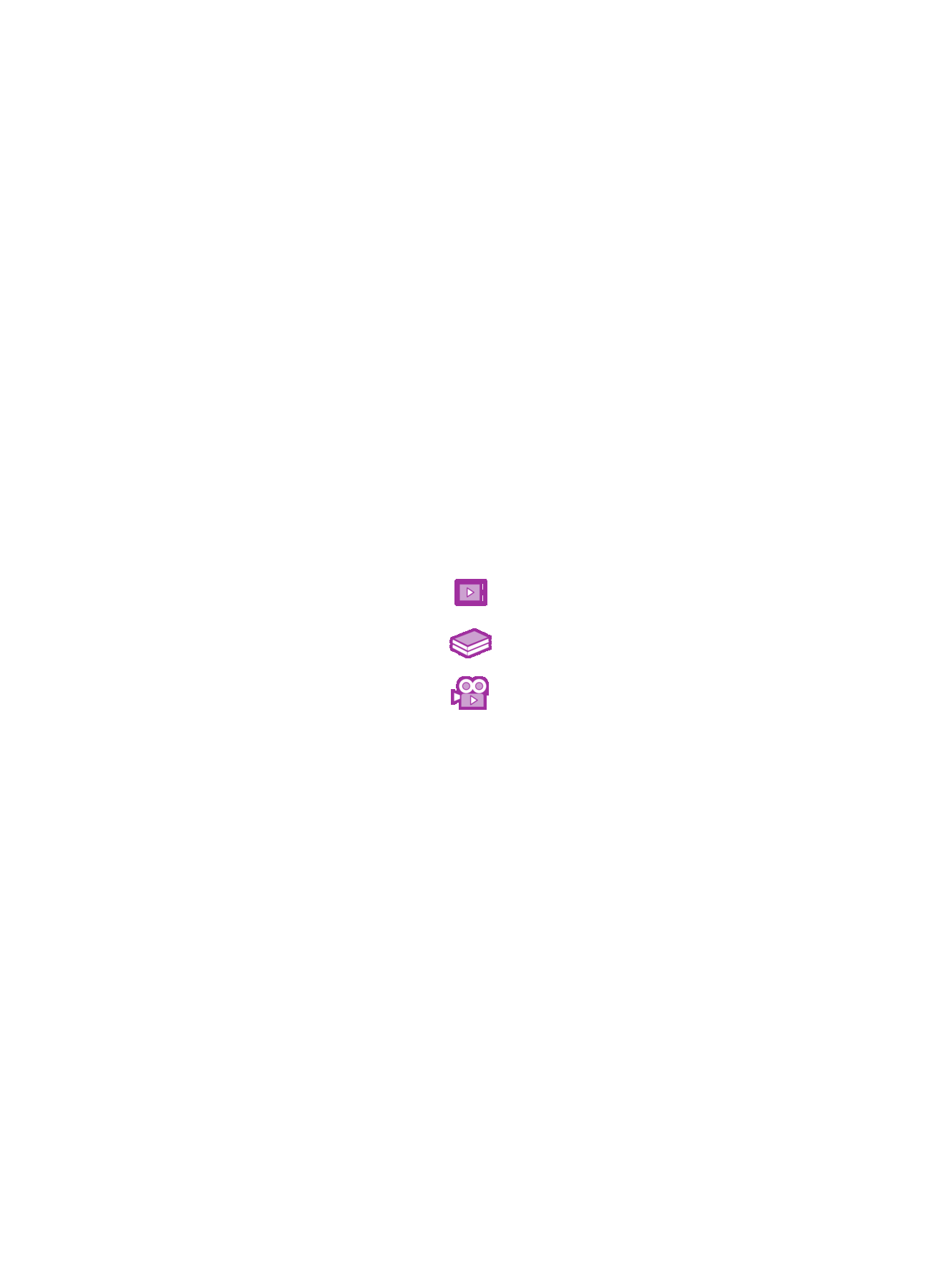Ilustração de três ícones: dois livros empilhados indicando sugestão de livro, câmera filmadora com um triângulo indicando sugestão de vídeo, dispositivo eletrônico com um triângulo na tela indicando sugestão de site.