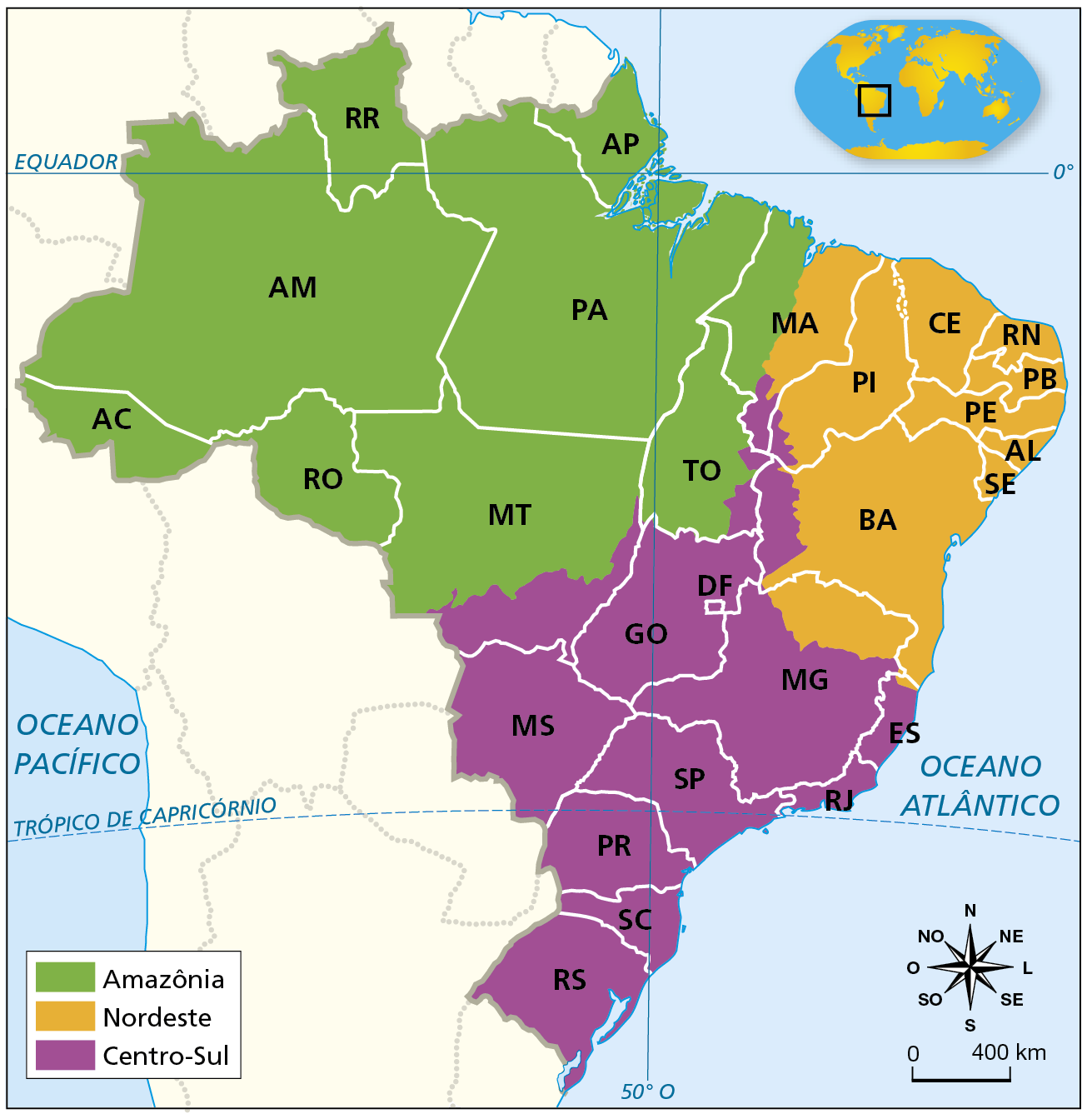 Mapa. Brasil: complexos regionais. Mapa do Brasil mostrando as regiões que formam os complexos regionais, diferenciados por cores. Amazônia (verde): todo o território da região norte (com exceção do sudeste do Tocantins), Mato Grosso (com exceção da porção sul), oeste do Maranhão. Nordeste (laranja): Piauí, Pernambuco, Sergipe, Alagoas, Paraíba, Rio Grande do Norte, Piauí (com exceção de um pequeno trecho do sudoeste), Bahia (com exceção da porção oeste), leste do Maranhão, norte de Minas Gerais. Centro-Sul (roxo): Rio Grande do Sul, Santa Catarina, Paraná, São Paulo, Rio de Janeiro, Espírito Santo, Minas Gerais (com exceção da porção norte), Goiás, Distrito Federal, Mato Grosso do Sul, sul do Mato Grosso, sudeste do Tocantins, oeste da Bahia, sudoeste do Piauí, sul do Maranhão. Abaixo, rosa dos ventos e escala 0 a 400 quilômetros.
