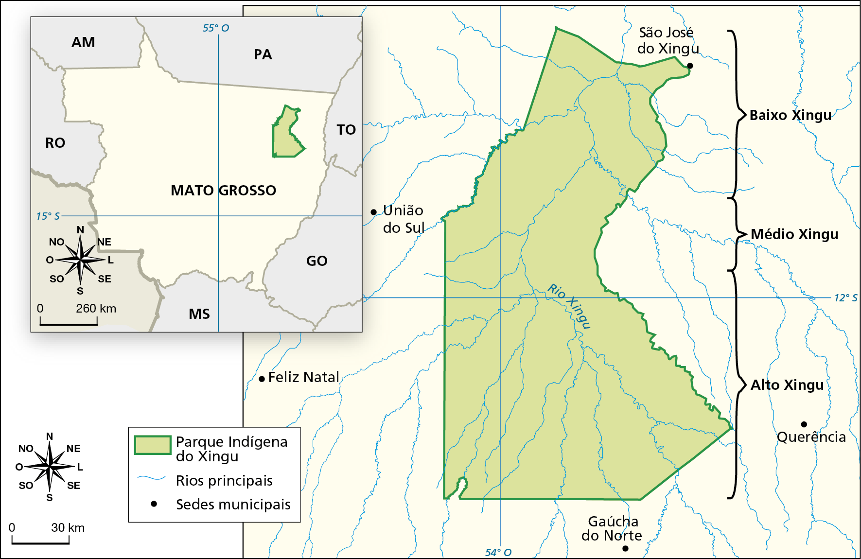 Mapa. Parque indígena do Xingu. Mapa dos limites e das partes que compõem o Parque Indígena do Xingu. À esquerda, há um mapa do estado de Mato Grosso com a localização do Parque, que está na porção sudeste do estado, próximo à divisa de Mato Grosso com os estados do Pará e de Tocantins. À direita, no mapa principal, há o traçado dos limites do parque com linha verde e o parque está colorido em verde-claro. É atravessado pelo rio Xingu e seus afluentes. O Parque é dividido em 3 partes: Baixo Xingu: porção mais ao norte, mais próxima da cidade São José do Xingu. Médio Xingu: porção do parque que tem a leste a cidade de União do Sul. Alto Xingu: porção mais ao sul, mais próxima às cidades de Gaúcha do Norte, ao sul, e Querência, a leste. No centro do parque, destaque para o percurso do Rio Xingu e seus afluentes. Sedes municipais na área representada, que engloba o Parque e área do entorno: São José do Xingu ao norte, Feliz Natal e União do Sul a oeste, Gaúcha do Norte ao sul e Querência a leste. À esquerda e abaixo, rosa dos ventos e escala de 0 a 30 quilômetros.