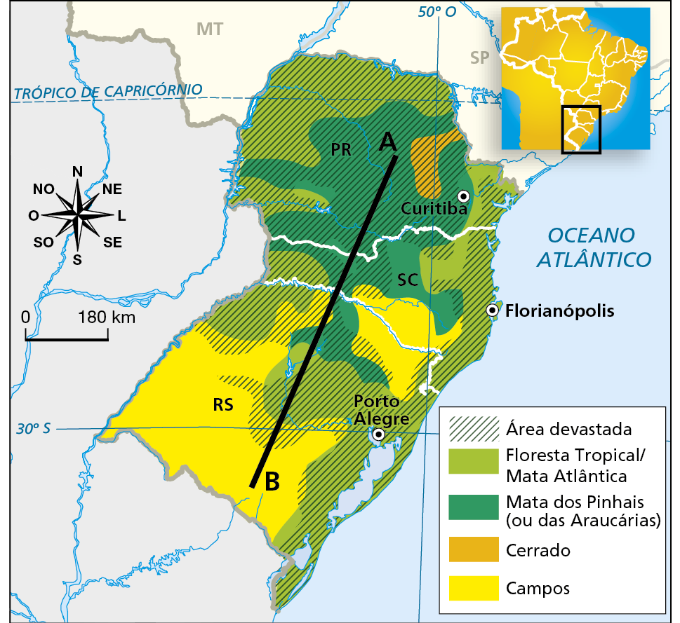Mapa. Região Sul: vegetação Mapa da região Sul do Brasil com a distribuição dos tipos de vegetação nos estados. No mapa é traçada uma reta entre um ponto A, localizado na porção central do Paraná, e um ponto B, localizado no sul do Rio Grande do Sul. Paraná: no norte, noroeste, oeste e leste predomina a Floresta Tropical/Mata Atlântica. Próximo a Curitiba há uma pequena área de Cerrado. No centro e no sul predomina a Mata dos Pinhais ou das Araucárias. Santa Catarina: a leste e a oeste , predomina a Floresta Tropical, Mata Atlântica. No centro, a Mata dos Pinhais ou das Araucárias. Rio Grande do Sul: no norte central, Mata dos Pinhais ou das Araucárias. Ao centro do estado, Floresta Tropical, Mata Atlântica. Na porção sul, os campos. Em toda a costa leste, predomina Floresta tropical, Mata Atlântica. A oeste e sudoeste do Rio Grande do Sul predominam os Campos. Em todos os estados, quase todas as áreas de Floresta tropical, Mata dos Pinhais e Cerrado sofreram devastação, com exceção dos campos. Na parte esquerda, no centro, rosa dos ventos e escala de zero a 180 quilômetros.