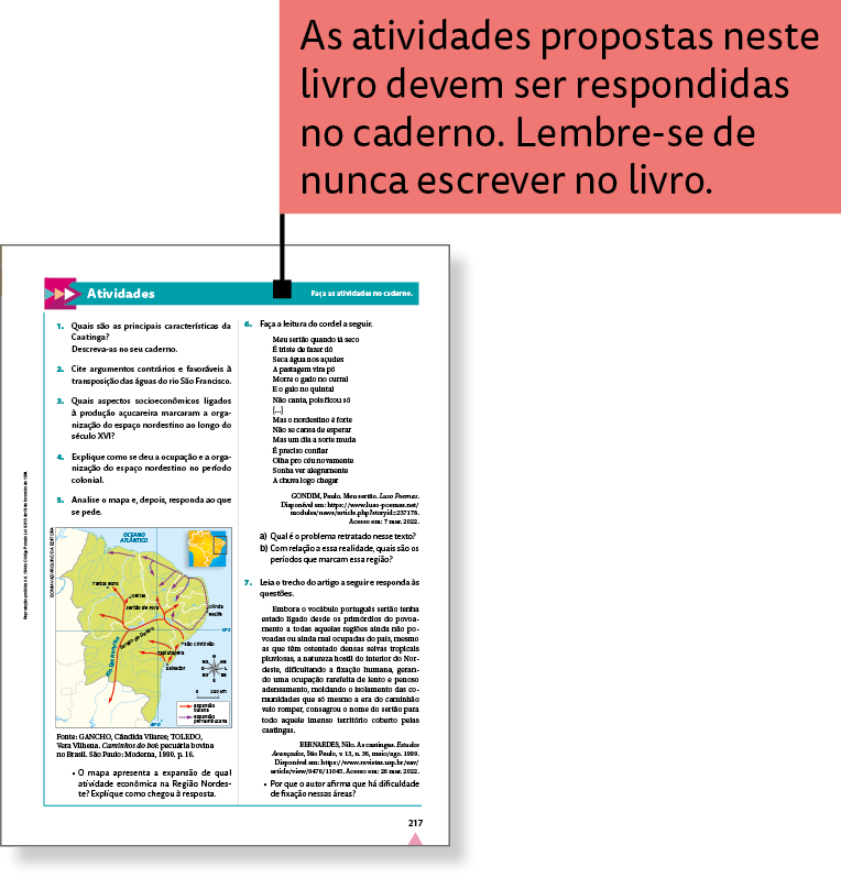 Página de livro. Destaque para a página de atividades. Acima, quadro de fundo vermelho com o seguinte texto: As atividades propostas neste livro devem ser respondidas no caderno. Lembre-se de nunca escrever no livro.