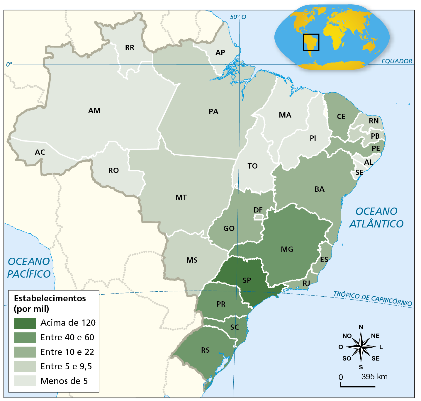 Mapa. Brasil: estabelecimentos industriais (2020). Mapa de parte da América do Sul com a divisão política do Brasil e a representação da quantidade de estabelecimentos industriais por unidade da federação. Acima de 120 mil estabelecimentos industriais, em verde escuro: São Paulo. Entre 40 e 60 mil estabelecimentos industriais, em verde: Rio Grande do Sul, Santa Catarina, Paraná e Minas Gerais. Entre 10 e 22 mil estabelecimentos industriais, em verde mais claro: Goiás, Bahia, Rio de Janeiro, Espírito Santo, Ceará e Pernambuco. Entre 5 e 9,5 mil estabelecimentos industriais, em verde-claro: Rio Grande do Norte, Paraíba, Pará, Mato Grosso e Mato Grosso do Sul. Menos de 5 mil estabelecimentos industriais, em branco esverdeado: Acre, Amazonas, Roraima, Rondônia, Amapá, Maranhão, Tocantins, Piauí, Alagoas, Sergipe e Distrito Federal. Abaixo, rosa dos ventos e escala de 0 a 395 quilômetros.