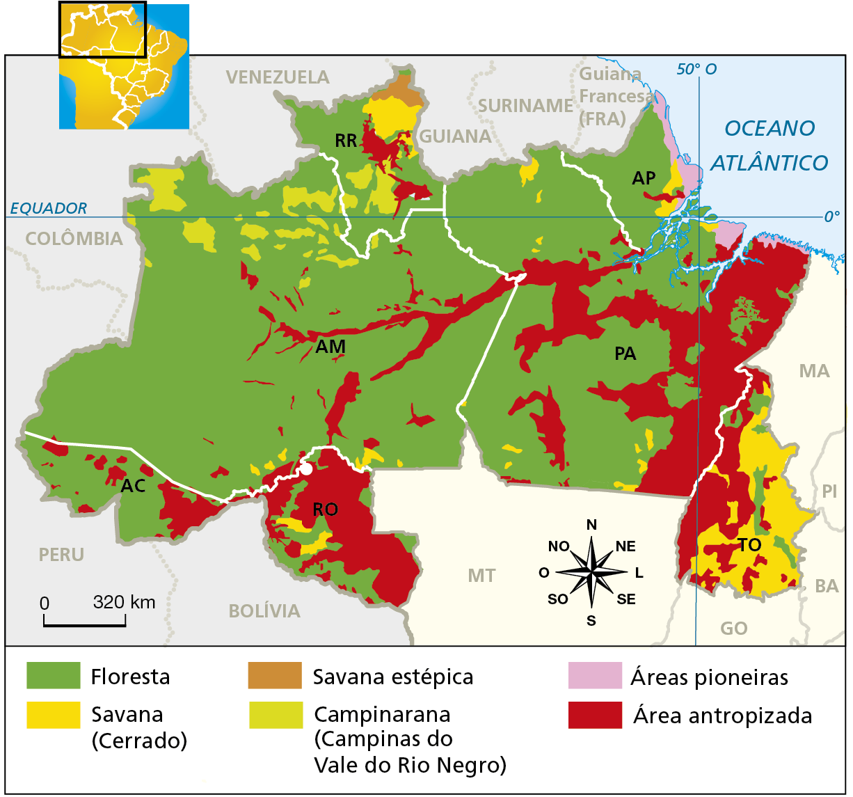 Mapa. Região Norte: Avanço antrópico, 1980 a 2016. Mapa de parte da porção norte da América do Sul com a região Norte do Brasil, seus tipos de vegetação e as áreas antropizadas. Floresta: predominante no Amazonas, Roraima, Amapá, Pará, Acre e Roraima. Savana/Cerrado: manchas no norte de Roraima, no centro de Rondônia, no sul do Amazonas, e predominante no Tocantins. Savana estépica: mancha no norte de Roraima. Campinarana (Campinas do Vale do Rio Negro): manchas na porção norte do Amazonas e no sul de Roraima. Áreas pioneiras: faixa estreita no litoral do  Amapá e do Pará. Área antropizada: predominante em toda a porção oeste e sudoeste do Tocantins, no leste e centro do Pará, norte e sudeste de Roraima, nas margens do rio Amazonas, faixa no sul do estado do Amazonas, porções norte e leste do Acre e em quase todo o estado de Rondônia. Abaixo, rosa dos ventos e escala de 0 a 320 quilômetros.