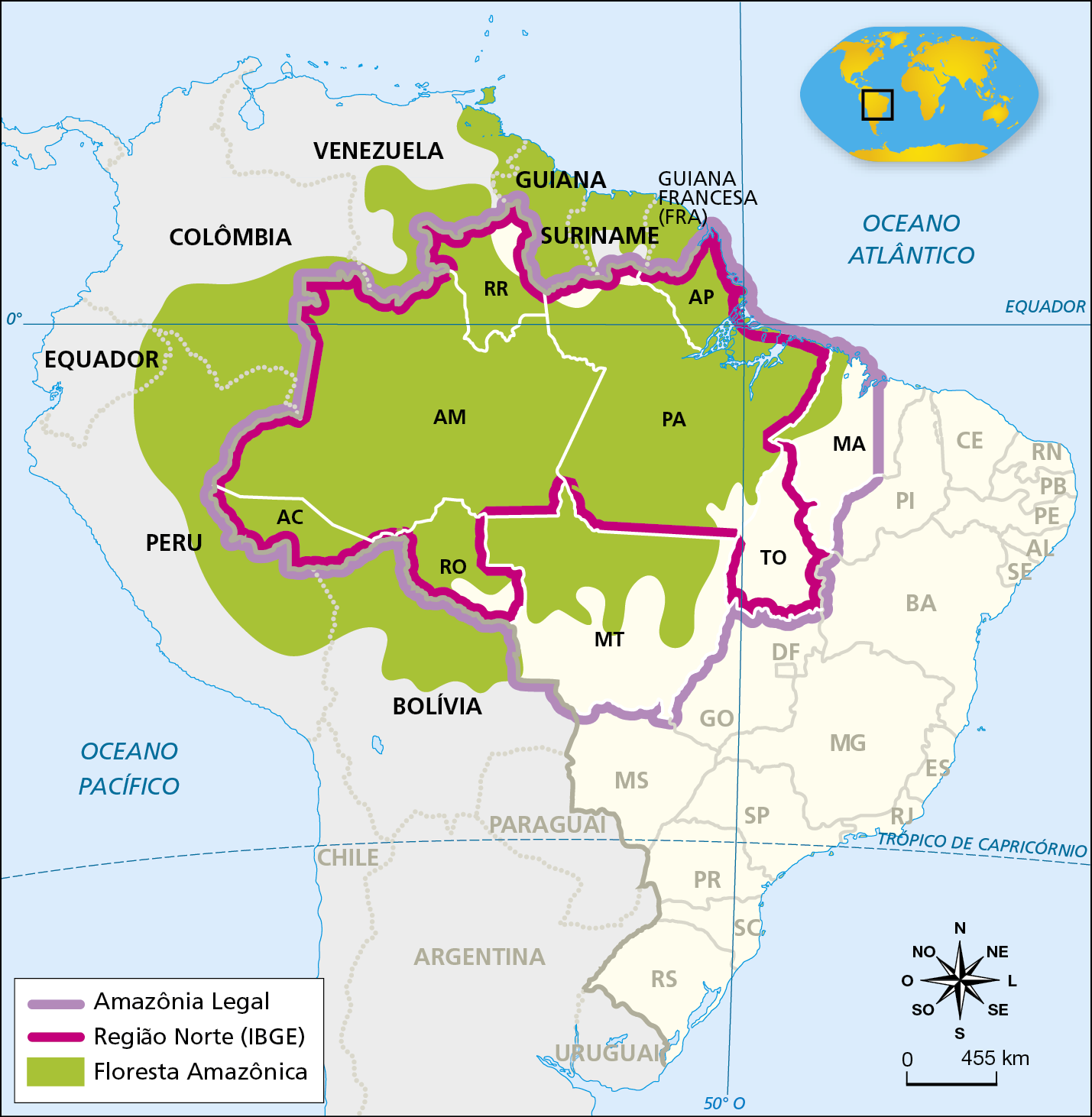 Mapa. Região Norte, Floresta Amazônica e Amazônia Legal (2020). O mapa evidencia o território brasileiro com destaque para os limites das fronteiras da região Norte, de acordo com o Instituto Brasileiro de Geografia e Estatística. Representa também os países fronteiriços à região Norte, a Amazônia Legal e a extensão da Floresta Amazônica. Amazônia Legal (delimitada por uma linha lilás): abrange os estados do Acre, Rondônia, Mato Grosso, Tocantins, Pará, Amapá, Roraima e parte oeste do Maranhão. Região Norte (Instituto Brasileiro de Geografia e Estatística, delimitada por uma linha rosa): abrange os estados do Acre, Rondônia, Tocantins, Pará, Amapá, Roraima e Amazonas. Floresta Amazônica (representada por meio de uma mancha verde): se distribui pelos estados do Acre, Amazonas, Roraima, Pará, Amapá; norte dos estados  do Maranhão, do Mato Grosso e de Rondônia; parte da Bolívia, Peru, Equador, Colômbia, Venezuela, Guiana, Suriname e Guiana Francesa. Abaixo, rosa dos ventos e escala de 0 a 455 quilômetros.