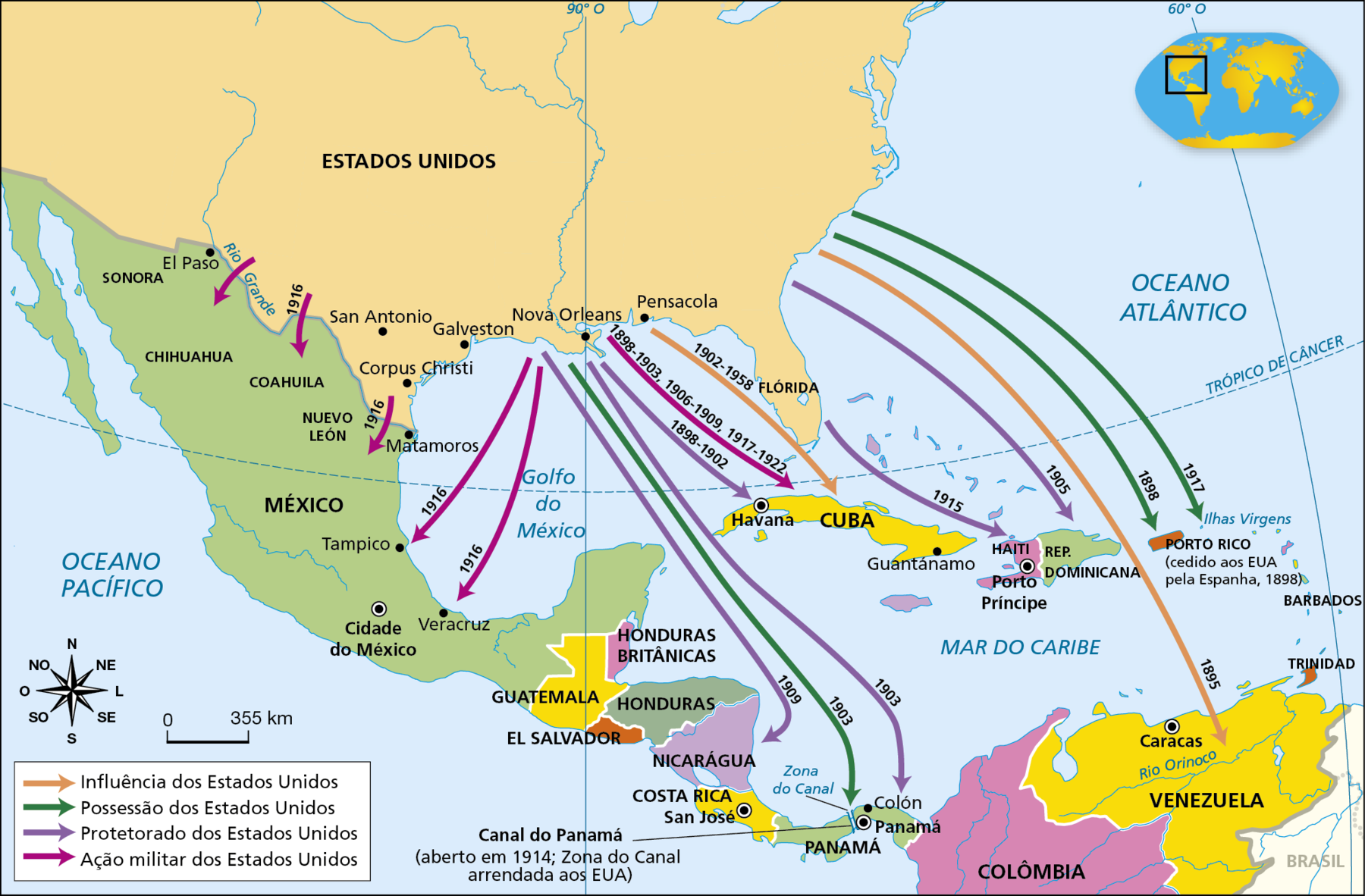 Mapa. América Latina: intervenções militares (séculos dezenove e vinte). 
Mapa temático que representa a região do continente americano que abrange Estados Unidos, México, América Central e noroeste da América do Sul (partes de Colômbia e Venezuela). Do território estadunidense saem setas que indicam a intervenções militares dos Estados Unidos em países do continente americano.  
Setas que indicam Influência dos Estados Unidos: Pensacola (entre 1902 e 1958), no litoral sul do país, em direção à Cuba. Da costa leste do país em direção à Venezuela. 
Setas que indicam possessão dos Estados Unidos. Da região de Nova Orleans, em 1903, para o Panamá. Da costa leste do país, em 1898, para Porto Rico (cedido aos Estados Unidos pela Espanha em 1898). Da costa leste do país, em 1917, para às Ilhas Virgens. 
Setas que indicam Protetorado dos Estados Unidos. Da região de Nova Orleans para três destinos: Nicarágua, em 1909, Panamá, em 1903, e Cuba, de 1898 a 1902. Da Flórida para dois destinos: Haiti, em 1915, e República Dominicana, em 1905. 
Setas que indicam ocorrência de ação militar dos Estados Unidos. Da região de Nova Orleans para três destinos: Tampico e Veracruz, ambos no México e em 1916. Cuba, de 1898 a 1903, de 1906 a 1909, de 1917 a 1922.
Na parte inferior esquerda, rosa dos ventos a escala de 0 a 355 quilômetros.