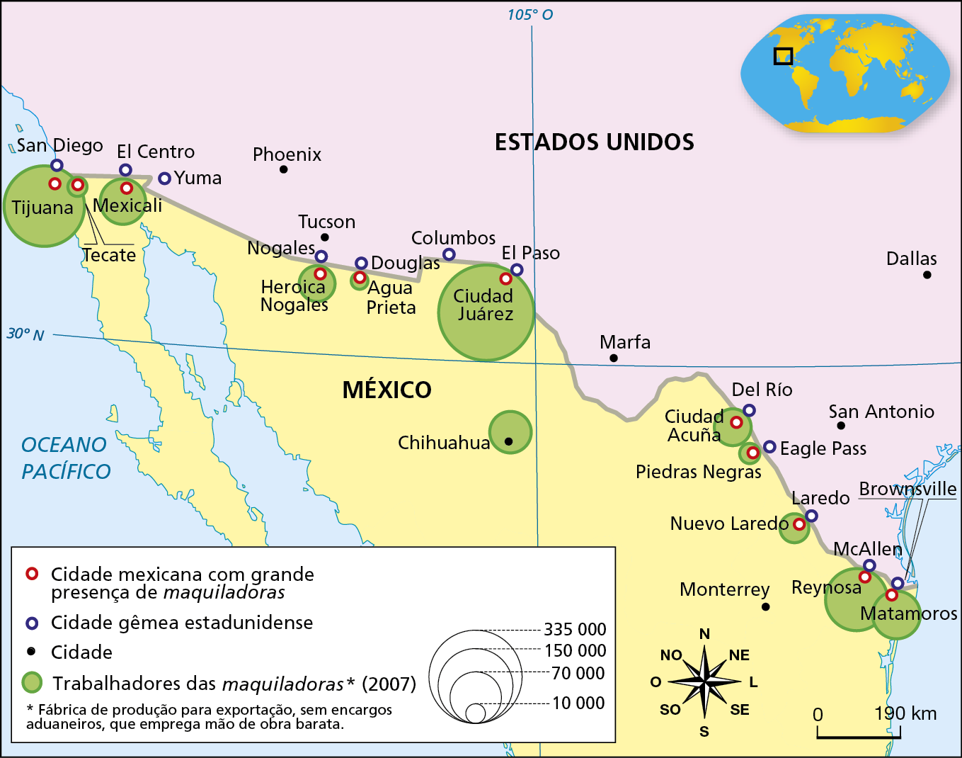 Mapa. México: maquiladoras (2010)
O mapa representa parte dos territórios do México (centro e norte) e dos Estados Unidos (centro-sul e sudoeste). O tema são as cidades mexicanas com grande presença de maquiladoras; as cidades gêmeas entre México e Estados Unidos; e a quantidade de trabalhadores nas maquiladoras em 2007: 
As cidades gêmeas: Tijuana (gêmea mexicana) e San Diego (gêmea norte-americana); Mexicali (gêmea mexicana) e El Centro (gêmea norte-americana); Heroica Nogales (gêmea mexicana) e Nogales (gêmea norte-americana); Agua Prieta (gêmea mexicana) e Douglas (gêmea norte-americana); Ciudad Juarez (gêmea mexicana) e El Paso (gêmea norte-americana), Ciudad Acuña (gêmea mexicana) e Del Rio (gêmea norte-americana); Piedras Negras (gêmea mexicana) e Eagle Pass (gêmea norte-americana); Nuevo Laredo (gêmea mexicana) e Laredo (gêmea norte-americana); Reynosa (gêmea mexicana) e McAllen (gêmea norte-americana); Matamoros (gêmea mexicana) e Brownsville (gêmea norte-americana).
O mapa indica, em território estadunidense, a localização das cidades de Phoenix, Tucson, Marfa, Dallas, San Antonio; em território mexicano, está indicada a cidade de Monterrey. 
Cidades com trabalhadores das maquiladoras em 2007 (em milhares de pessoas). 335.000: Ciudad Ruarez. 160.000: Tijuana. 140.000: Reynosa. 70.000: Mexicali, Matamoros, Chihuahua. 50.000: Heroica Nogales, Ciudad Acunha. 20.000: Nuevo Larede. 10.000: Agua Prieta, Piedras Negras. 
Na parte inferior, rosa dos ventos e escala de 0 a 190 quilômetros.