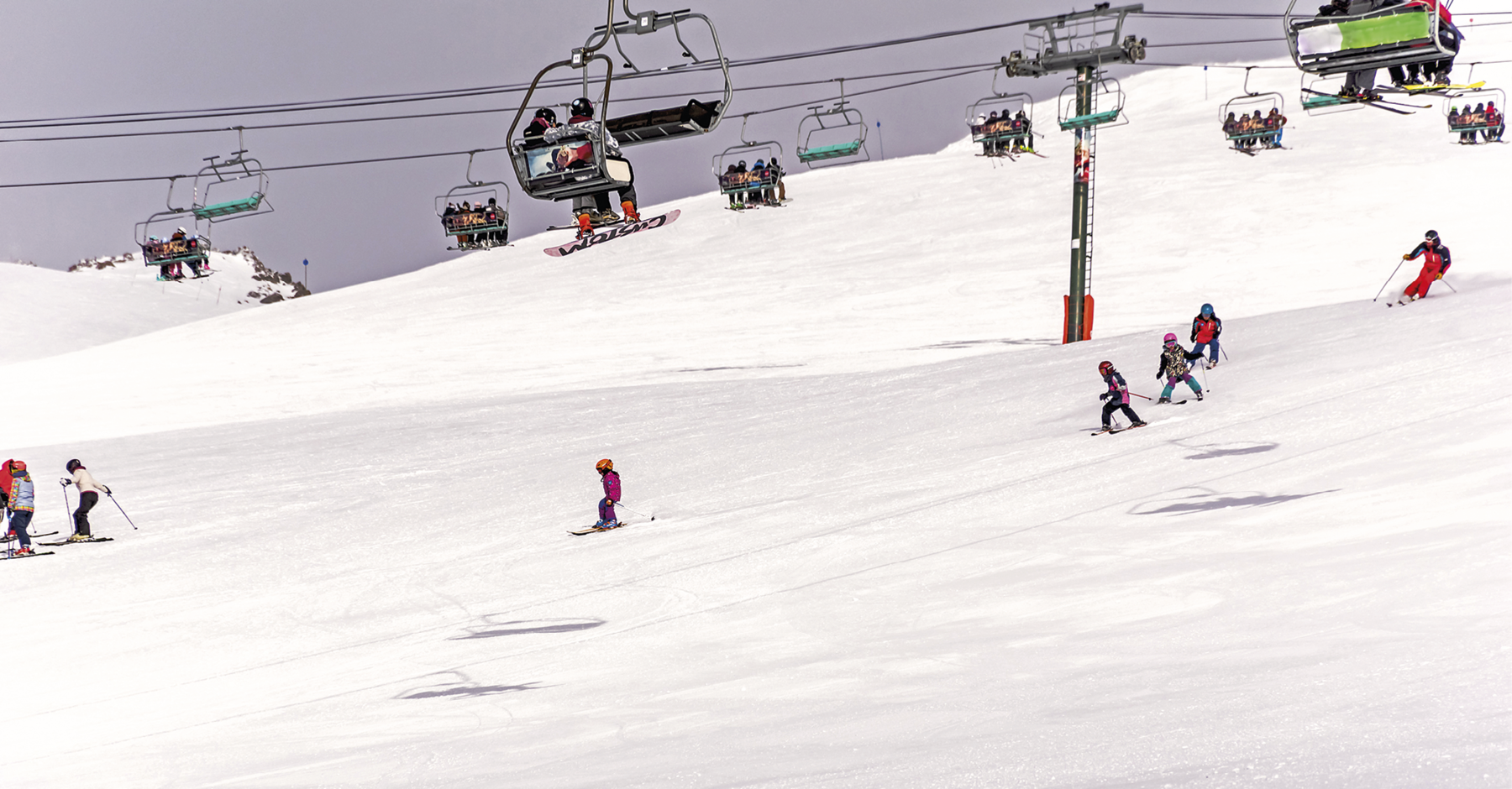 Fotografia. Vista de pessoas, sobretudo crianças, esquiando sobre a neve em um terreno inclinado. Na parte superior, há teleféricos sendo utilizado por outras pessoas.