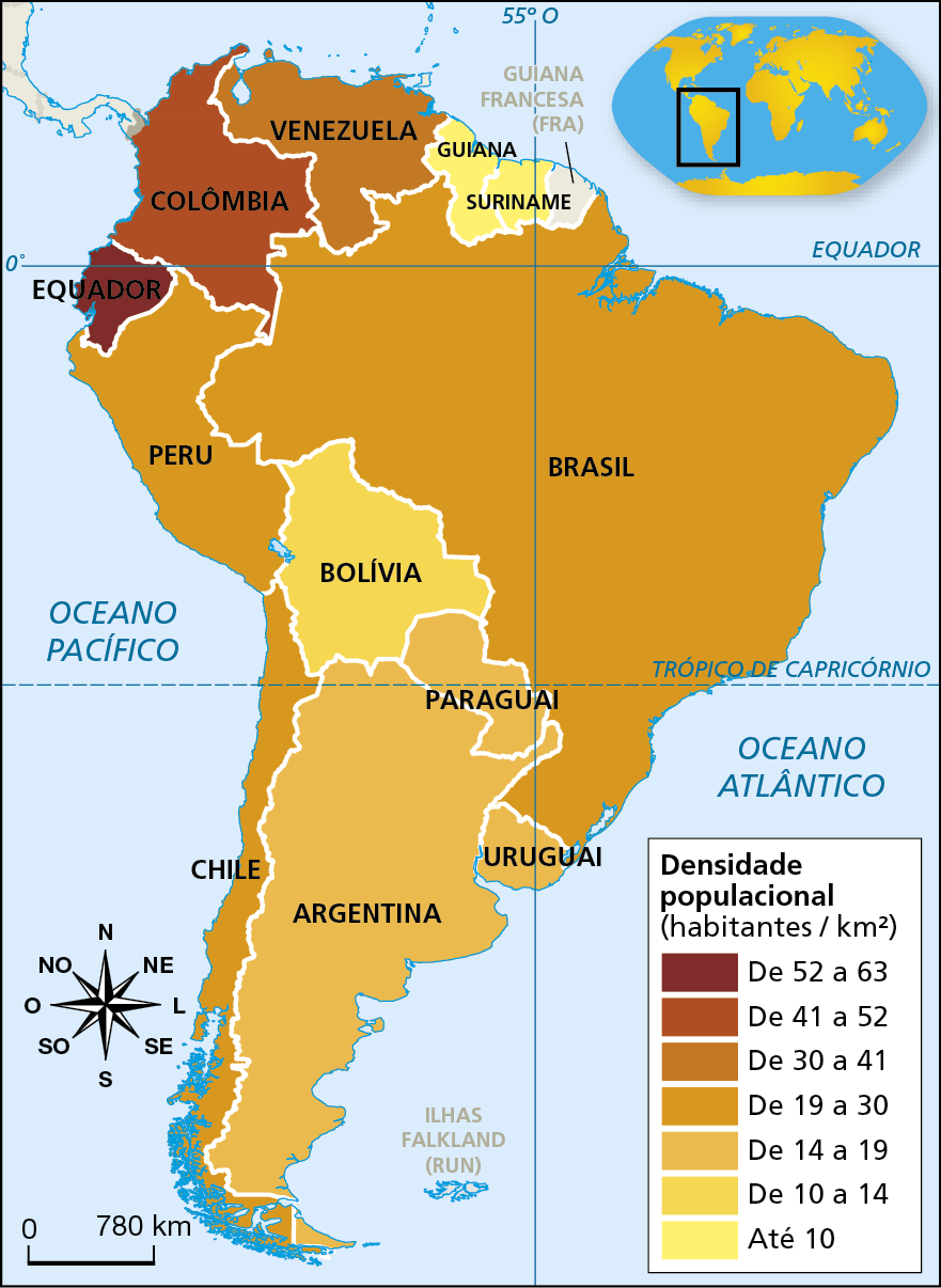 Mapa. América do Sul: densidade populacional (2020). 
Mapa representando a densidade populacional (habitantes por quilômetro quadrado) dos países da América do Sul. Há sete categorias, diferenciadas por cores que variam do amarelo-claro para o marrom-escuro, sendo os tons mais claros para representar valores menores e os mais escuros para representar valores maiores.
De 52 a 63 habitantes por quilômetro quadrado: Equador. 
De 41 a 52 habitantes por quilômetro quadrado: Colômbia. De 30 a 41 habitantes por quilômetro quadrado: Venezuela. De 19 a 30 habitantes por quilômetro quadrado: Brasil, Peru, Chile. 
De 14 a 19 habitantes por quilômetro quadrado: Argentina, Paraguai, Uruguai. 
De 10 a 14 habitantes por quilômetro quadrado: Bolívia. 
Até 10 habitantes por quilômetro quadrado: Guiana, Suriname. 
Na parte inferior esquerda, rosa dos ventos e escala de 0 a 780 quilômetros.