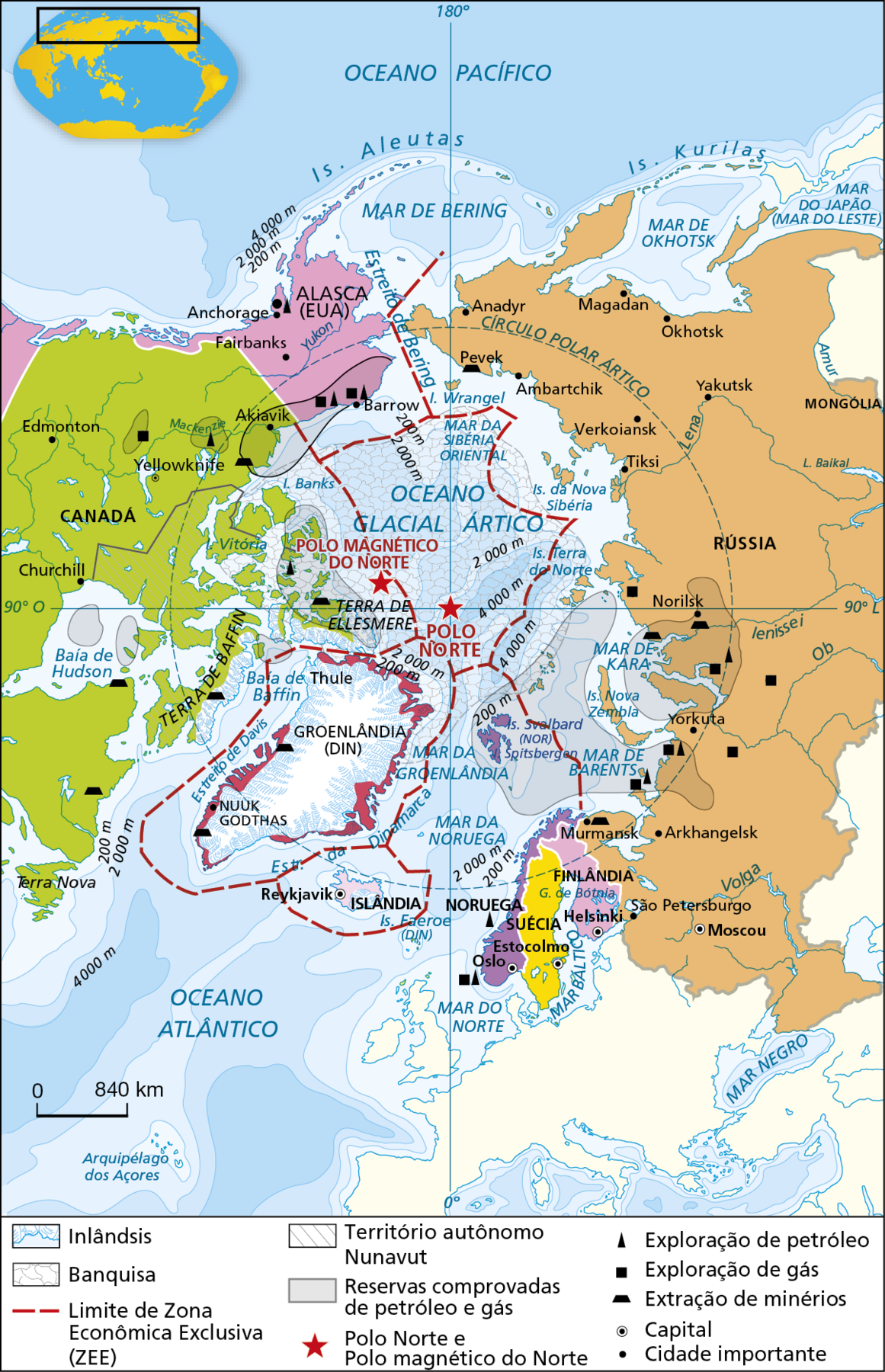 Mapa. 
Ártico: divisão política e recursos minerais. 
Mapa mostrando as divisões territoriais do Ártico, áreas de exploração, reservas comprovadas de petróleo e gás, cidades importantes, limites de zonas econômicas, banquisa e inlândsis. 
O mapa destaca a região do Ártico vista de cima. Do lado direito do mapa, a Rússia: mais ao sul, a  Noruega, a Suécia, a Finlândia e a Islândia mais  ao sul do Ártico. Do lado esquerdo, a Groenlândia (Dinamarca), terras do Canadá e Alasca (Estados Unidos).
Inlândsis estão representadas por áreas com pequenos riscos azuis    nas bordas da Groenlândia, da Terra de Baffin (Canadá) e da Terra de Ellesmere (nas proximidades do Polo Magnético Norte). Banquisas estão representadas por linhas curvas fechadas, na cor cinza, em toda área central da região ártica, sobrepondo-se à área do Oceano Glacial Ártico. Em linhas tracejadas vermelhas estão representados os Limites de Zonas Econômicas Exclusivas (ZEE) ao redor da Groenlândia, da Islândia, em torno de parte dos territórios de Rússia,  Alasca e Canadá e na parte central da região ártica. Em linhas cinzas diagonais, o Território Autônomo Nunavut, no Canadá. 
Reservas comprovadas de petróleo e gás estão destacadas na cor cinza área central ártica; no Mar de Kara e Mar de Barents, nas proximidades da Rússia; em áreas na Baía de Baffin e Baía de Hudson, próximo ao Canadá; área da Terra de Ellesmere, próximo ao polo magnético do norte; áreas do Oceano Glacial Ártico próximo ao Alasca e Canadá. 
Com uma estrela vermelha, a indicação do Polo Norte (no centro do mapa) e Polo Magnético do Norte (a noroeste da estrela do Polo Norte). 
As áreas de exploração de petróleo são indicadas por um triângulo na cor preta na Rússia, Alasca, Canadá e Noruega. 
Um quadrado na cor preta indica áreas de exploração de gás na Rússia, Alasca, Canadá e Noruega.  Um trapézio na cor preta indica locais de extração de minérios na Rússia, Canadá e Groenlândia. Um ponto preto dentro de um círculo de fundo branco indicam a localização das capitais dos países: Suécia: Estocolmo; Noruega: Oslo;  Finlândia: Helsinki; Rússia: Moscou: Islândia:  Reykjavik. 
Pontos pretos simples indicam localização de cidades importantes. No Canadá: Churchill; na Rússia: São Petersburgo. no Alasca: Fairbanks, Barrow; na Groenlândia: Nuuque Godtas. 
Na parte inferior, a escala de 0 a 840 quilômetros.