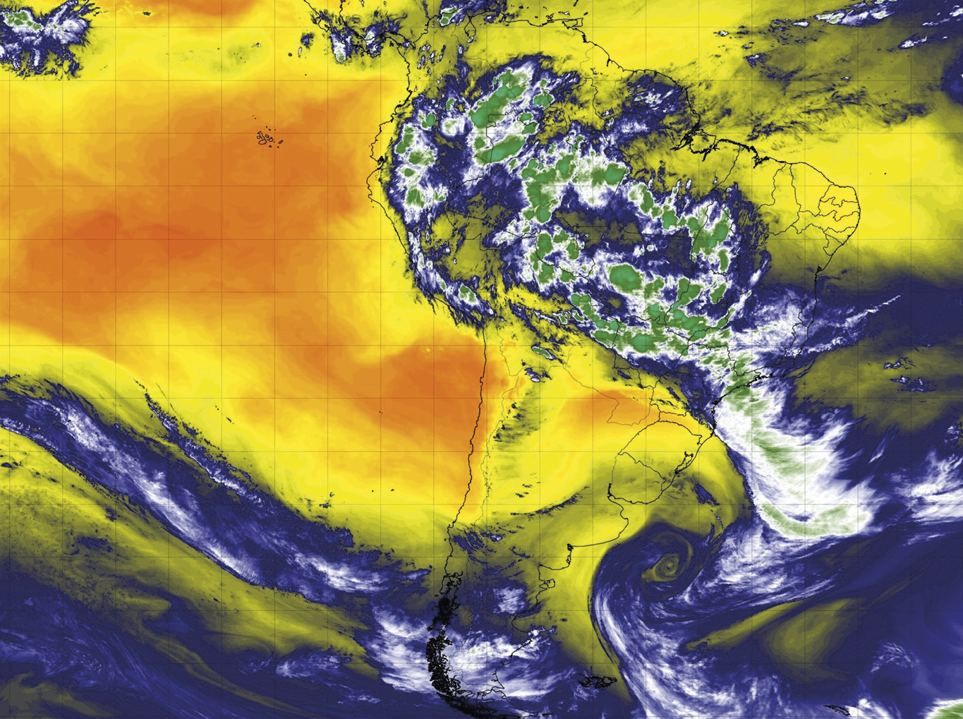 Imagem de satélite.
Imagem de satélite alterada por computação, com destaque para a América do Sul, Oceano Pacífico e Oceano Atlântico. Há manchas alaranjadas e amareladas na região do Oceano Pacífico e outras manchas amareladas no Oceano Atlântico, na região do Caribe, parte do norte e nordeste do Brasil, e centro-sul da América do Sul. Nas porções noroeste, norte e  central da América do Sul, incluindo as regiões Centro-Oeste, Sudeste e Sul do Brasil, com exceção do estado do Rio Grande do Sul, ocorrem manchas verdes e brancas, de contorno azul.