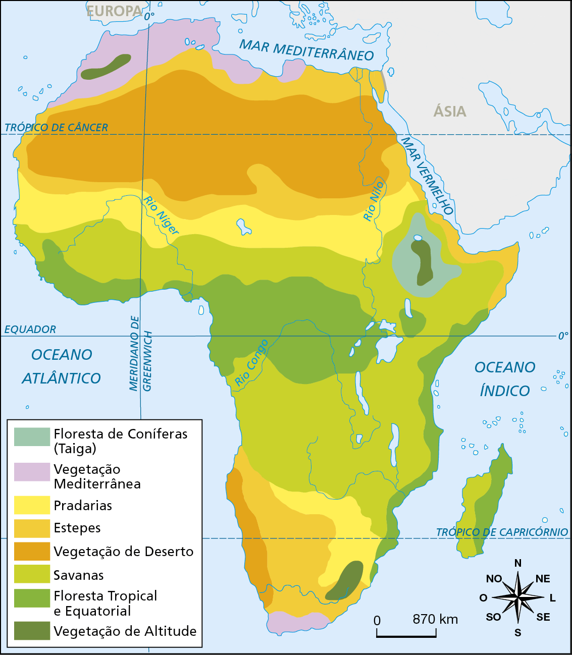 Mapa. África: vegetação
Mapa temático sobre a ocorrência dos tipos de vegetação no continente africano. Eles estão representados por diferentes cores.
Floresta de Coníferas (Taiga): exclusivamente em um ponto na porção leste, na faixa central do continente.
Vegetação mediterrânea: presente no extremo norte e extremo sul. 
Pradarias: ocorre na região central, de leste a oeste, entre as estepes e as savanas; também aparece em parte da região sul.
Estepes: ocorrência registrada na região norte, nas bordas da vegetação de deserto, e no interior da região sul, entre as Pradarias e a Vegetação de Deserto. 
Vegetação de Deserto: predomina na região norte, de leste a oeste, e no litoral oeste da região sul. 
Savanas: ocorrem nas faixa central do continente e nas regiões oeste, central e leste;  
Floresta Tropical e Equatorial: predominantes na região central do continente, deste o trópico de Capricórnio, no sul, até as áreas de pradarias, ao norte. 
Vegetação de altitude: parte da região leste, no interior da Floresta de Coníferas e pequenas manchas nas regiões sudeste e noroeste.
Na parte inferior direita, rosa dos ventos e escala de 0 a 870 quilômetros.