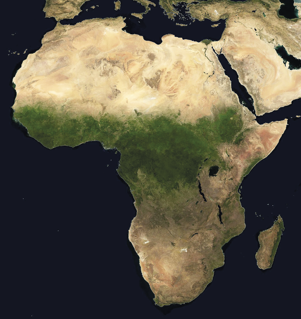 Imagem de satélite.
A imagem focaliza a África, parte da Península Arábica, à leste do continente, e o sul da Europa, à norte. Ao norte do continente, tons claros e amarronzados, no centro, tons verdes claros e escuros e, ao sul e à leste, tons marrons mais escuros e alaranjados. Ao redor do continente, uma área escura representando as águas oceânicas.