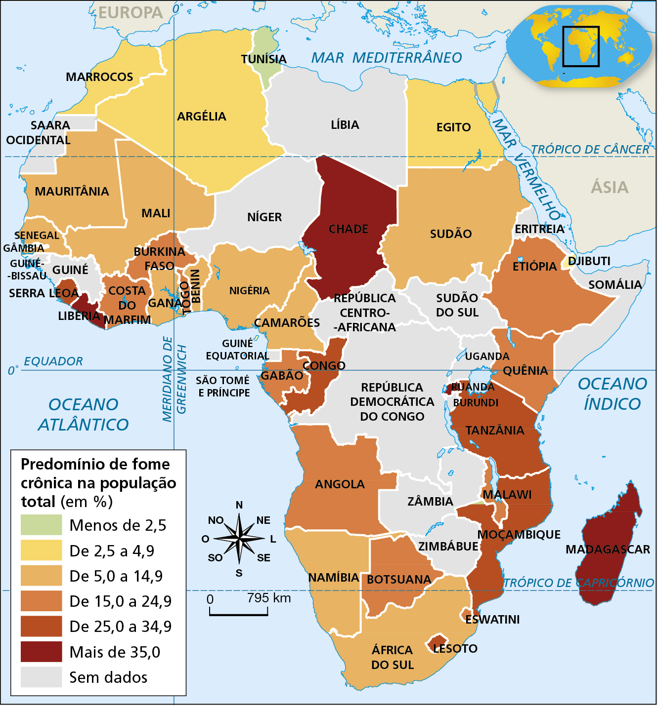 Mapa. África: fome crônica (de 2017 a 2019)
Mapa temático da África com indicação do predomínio de fome crônica na população total dos países, em porcentagem. Há seis categorias, diferenciadas por cores que variam do verde claro para o vermelho, sendo os tons mais claros para representar valores menores e os mais escuros para representar valores maiores. Há também uma categoria para representar países sem dados disponíveis sobre o tema.
Predomínio de menos de 2,5 por cento: Tunísia. 
Predomínio de 2,5 a 4,9 por cento: Gâmbia, Marrocos, Argélia, Egito, Djibuti. 
Predomínio de 5,0 a 14,9 por cento: Mauritânia, Mali, Senegal, Gana, Benin, Nigéria, Camarões, Sudão, Namíbia, África do Sul. 
Predomínio de 15,0 a 24,9 por cento: Costa do Marfim, Burkina Faso, Togo, Gabão, Angola, Botsuana, Quênia, Etiópia, Malawi, Eswatini. 
Predomínio de 25,0 a 34,9 por cento: Moçambique, Tanzânia, Serra Leoa. 
Predomínio de mais de 35,0: Libéria, Chade, Madagascar, Ruanda. 
Sem dados: Saara Ocidental, Guiné, Guiné-Bissau, Níger, Líbia, Sudão do Sul, Eritreia, Somália, República Centro-Africana, República Democrática do Congo, Zâmbia, Uganda, Burundi, Zimbábue. 
Na parte inferior esquerda rosa dos ventos e escala de 0 a 795 quilômetros.