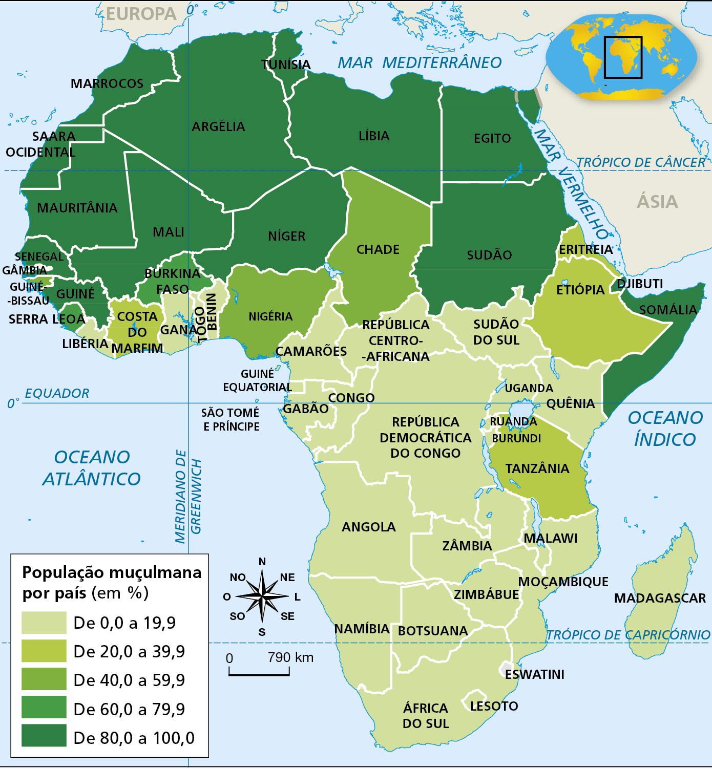 Mapa. África: percentual de muçulmanos (2020)
Mapa temático do continente africano indicando o percentual da população muçulmana presente em cada país. Há cinco categorias, diferenciadas por tons de verde, sendo os tons mais claros para representar valores menores e os mais escuros para representar valores maiores.
De 0,0 a 19,9 por cento: Libéria, Gana, Togo, Benin, Camarões, Guiné Equatorial, São Tomé e Príncipe, Gabão, Congo, Angola, Namíbia, África do Sul, Lesoto, Botsuana, Zimbábue, Zâmbia, Moçambique, Madagascar, Malawi, Quênia, Ruanda, Burundi, Uganda, Sudão do Sul, República Centro-Africana, República Democrática do Congo. 
De 20,0 a 39,9 por cento: Costa do Marfim, Guiné-Bissau, Eritreia, Etiópia, Tanzânia. 
De 40,0 a 59,9 por cento: Nigéria, Chade. 
De 60,0 a 79,9 por cento: Burkina Faso. 
De 80,0 a 100,0 por cento: Guiné, Senegal, Mauritânia, Saara Ocidental, Marrocos, Mali, Argélia, Tunísia, Níger, Líbia, Egito, Sudão, Djibuti, Somália. 
Na parte inferior, rosa dos ventos e escala de 0 a 790 quilômetros.