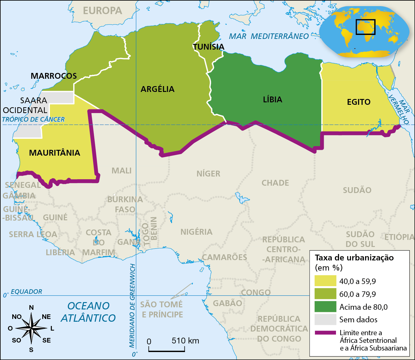 Mapa. Norte da África: população urbana (2020). 
Mapa de parte da África destacando a taxa de urbanização, em porcentagem, de países do  norte do continente.
Uma linha roxa representa o limite entre a África Setentrional e  África Subsaariana.
Taxa de urbanização dos países do Norte da África: 
40,0 a 59,9%: Mauritânia, Egito; 60,0 a 79,9%: Marrocos, Argélia, Tunísia; acima de 80,0%: Líbia.  
Sem dados: Saara Ocidental.  
Na parte inferior, rosa dos ventos e escala de 0 a 510 quilômetros.