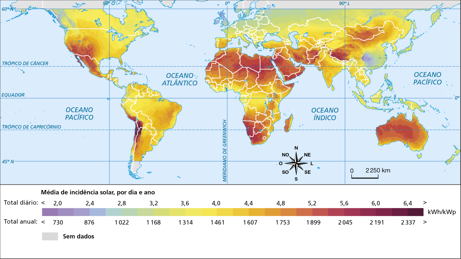 Mapa. Planisfério: potencial energético solar, 2021. 
Planisfério mostrando a média de incidência solar, por dia e ano: Total diário. Menor que 2,0 quilowatt-hora ou quilowatt-pico; total anual menor que 730 quilowatt-hora ou quilowatt-pico: oeste do Canadá, leste da China e norte do Reino Unido. 
Total diário entre 2 e 3,2 quilowatt-hora ou quilowatt-hora; total anual entre 730 e 1.168 quilowatt-hora ou quilowatt-pico: Rússia, Ucrânia, Finlândia, Suécia Noruega, Alemanha, Polônia, Belarus, Áustria e Hungria. 
Total diário entre 3,2 e 4,0 quilowatt-hora ou quilowatt-pico; total anual entre 1.168 e 1.461 quilowatt-hora ou quilowatt-pico: parte do Canadá, parte dos Estados Unidos, parte do Brasil, parte central da África, Grécia, Itália, Coreia do Norte e Coreia do Sul, parte do Cazaquistão, Sudeste Asiático; total diário entre 4 e 4,8 quilowatt-hora ou quilowatt-pico; total anual entre 1.461 e 1.753 quilowatt-hora ou quilowatt-pico: parte oeste dos Estados Unidos, parte leste do Brasil, parte da Argentina, parte central da África, Índia, Turquia, parte da China e Mongólia; total diário entre 4,8 e 6,0 quilowatt-hora ou quilowatt-pico; total anual entre 1.753 e 2.191 quilowatt-hora ou quilowatt-pico: parte Oeste dos Estados Unidos, México, Angola, África do Sul, Egito, Arábia Saudita, Irã, Afeganistão, parte da Mongólia, parte da China, Austrália, norte da África.
Total diário entre 6 e mais de 6,4 quilowatt-hora ou quilowatt-pico; total anual entre 2.191 e mais de 2.337 quilowatt-hora ou quilowatt-pico: norte do Chile, sul da Bolívia, sul do Peru,  Namíbia, África do Sul, Sudão, Egito, região sul da China. 
Sem dados: Groenlândia, Alasca, região norte do Canadá e da Rússia, região sul da América Latina. 
Na parte inferior, rosa dos ventos e escala de 0 a 2.250 quilômetros.