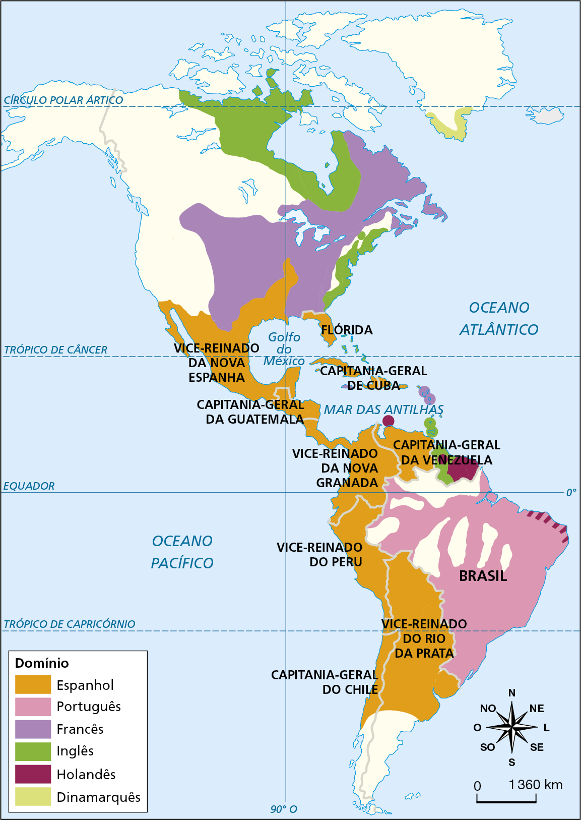 Mapa. Domínio europeu na América (séculos dezessete e dezoito). 
Mapa da América mostrando os domínios espanhol, português, francês, inglês, holandês e dinamarquês.
Domínio Espanhol: porções do sul do atual Estados Unidos, do atual México, países da América Central e da América do Sul, com exceção dos atuais territórios do Brasil, Guiana, Suriname e Guiana Francesa. Há indicação dos seguintes vice-reinados capitanias-gerais no domínio espanhol: Vice-reinado da Nova Espanha (atual México e parte  dos Estados Unidos), Capitania-Geral da Guatemala (parte da América Central), Flórida (sudeste do atual Estados Unidos), Capitania-Geral de Cuba (atuais Cuba, Haiti, República Dominicana); Vice-Reinado da Nova Granada (atuais Colômbia, Equador e parte da América Central), Capitania-Geral da Venezuela (atual Venezuela), Vice-Reinado do Peru (atual Peru e parte do atual Chile), Vice-Reinado do Rio da Prata (atuais Bolívia, Paraguai, Uruguai, norte da atual Argentina), Capitania-Geral do Chile (norte do atual Chile). 
Domínio Português: porções do atual Brasil. 
Domínio Francês: parte leste dos atuais Estados Unidos, Canadá e Pequenas Antilhas. 
Domínio Inglês: parte norte do atual Canadá e faixa leste do atual Estados Unidos, atual Guiana e algumas ilhas da América Central.
Domínio Holandês: trechos do litoral nordeste do atual Brasil, parte do atual Suriname, algumas ilhas da América Central.
Domínio Dinamarquês: sul da Groenlândia. 
Na parte inferior direita,  rosa dos ventos e  escala de 0 a 1.360 quilômetros.