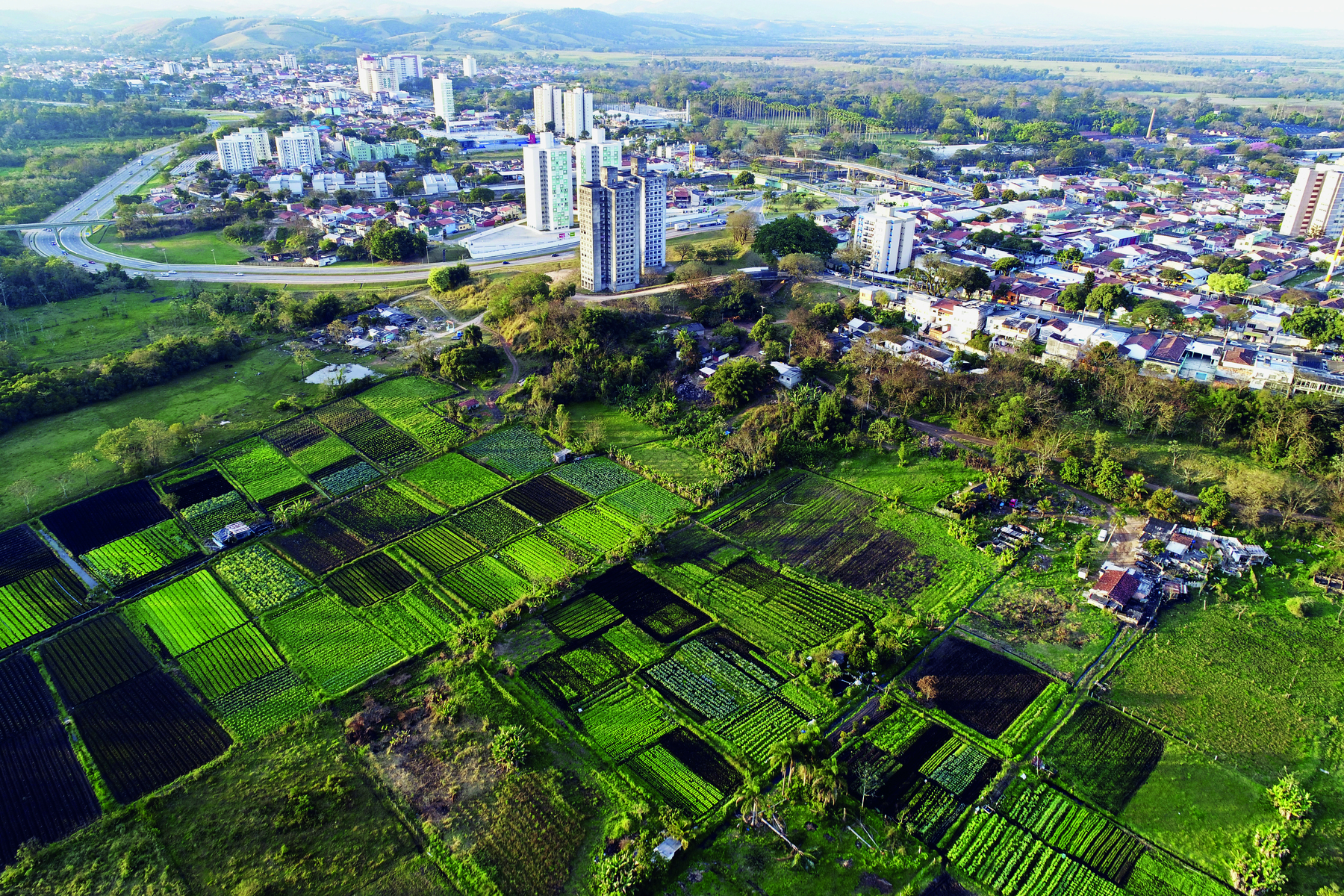 Fotografia. Em primeiro plano há uma área rural, com campos de plantação e árvores. No segundo plano, há uma área urbana com diversos prédios e casas.