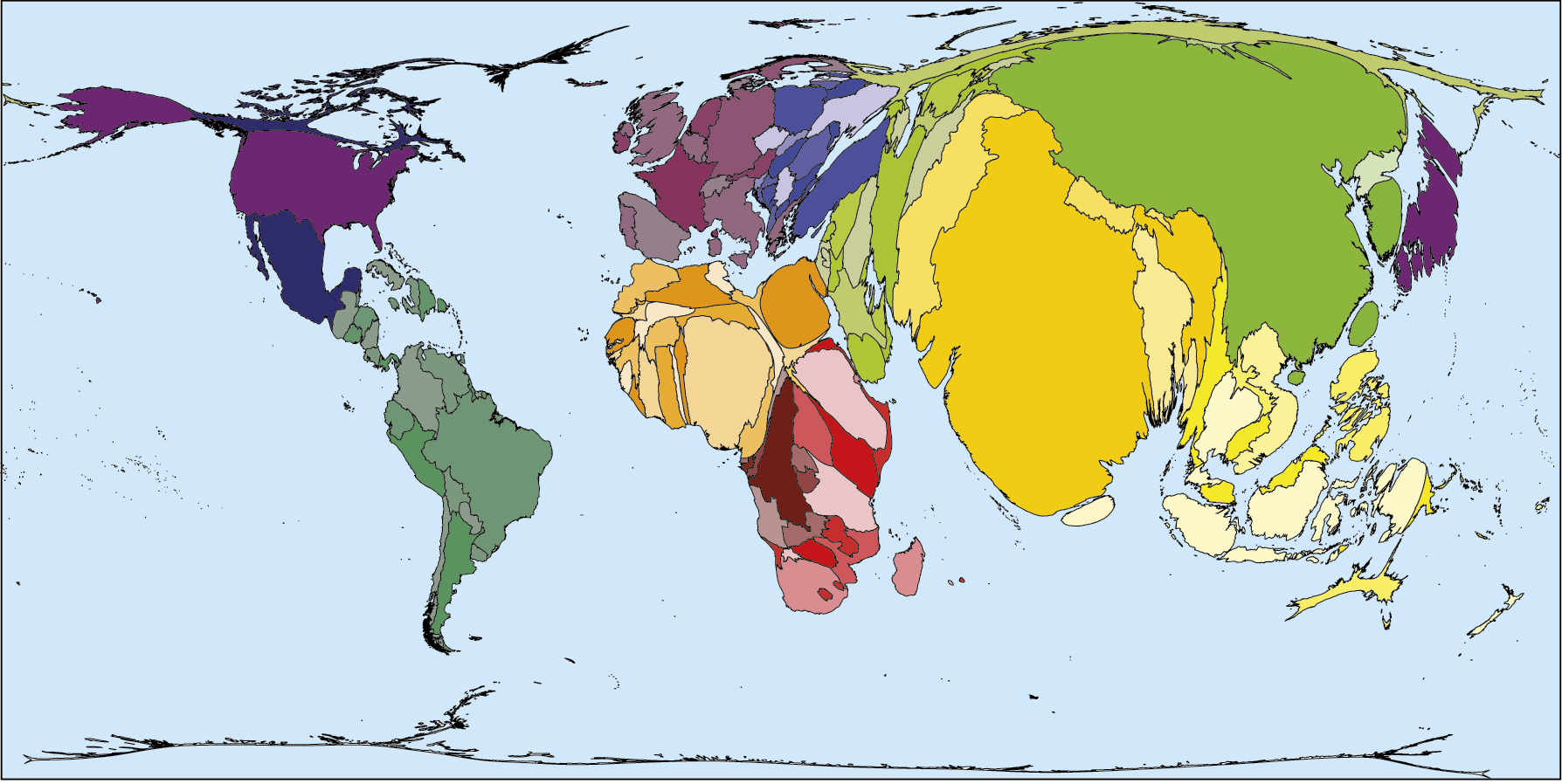Mapa. Planisfério em anamorfose: população 2018. 
Anamorfose dos continentes com a representação dos países em cores variadas. Na anamorfose, o continente americano está menor em relação à sua representação nos planisférios. Nesse sentido, merece destaque o Canadá, com uma dimensão muito menor na  anamorfose. Alguns países da África estão com dimensões maiores.  Na Ásia, Índia e China estão com área muito maior do que a que possuem nos planisférios, assim como o Japão, e a Rússia, ao contrário, está com área muito reduzida, aparecendo pequena e fina. Oceania e Antártida também estão com área bastante reduzida. Na anamorfose, não há indicação de paralelos e meridianos, escala e rosa dos ventos.
