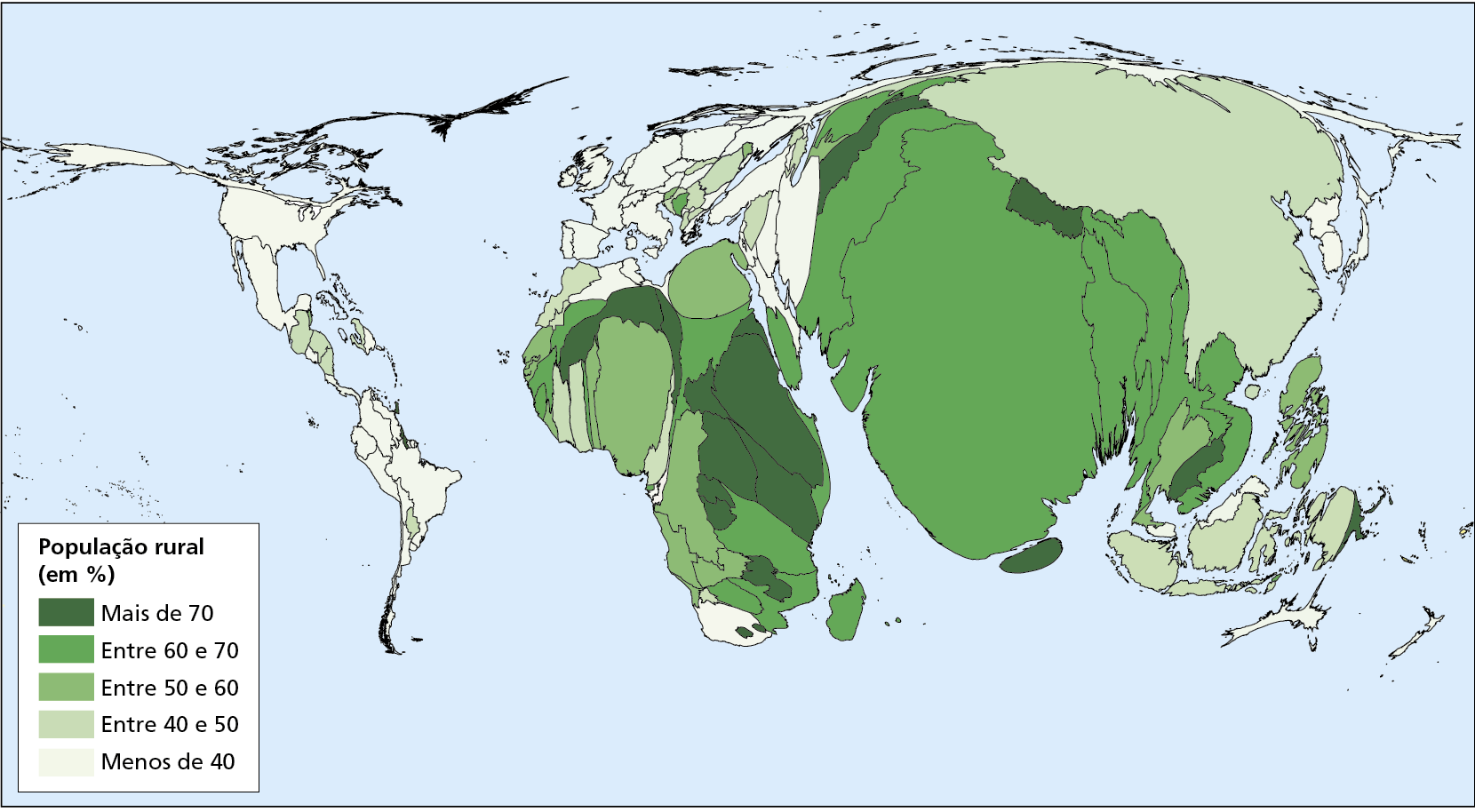 Mapa. Planisfério em anamorfose: população rural 2016. 
Na anamorfose, o continente americano está muito mais fino em relação à sua representação nos planisférios.  Diversos países da África estão com dimensões maiores, com destaque para o Egito e Nigéria.   Na Ásia, Índia e China estão com área muito maior do que a que possuem nos planisférios e a Rússia, ao contrário, está com área muito reduzida, aparecendo pequena e fina. A Oceania, com destaque para a Austrália, e a Antártida também estão com área muito reduzida. 
A anamorfose representa a população rural, em faixas percentuais indicadas por diferentes tonalidades da cor verde, cujas tonalidades mais escuras representam faixas percentuais mais altas e tonalidades mais claras representam faixas mais baixas.
Mais de 70%: destaque para a região leste da África, com dimensões grandes.
Entre 60 e 70%: destaque para a Índia, sendo o país que apresenta a maior dimensão no mapa.
Entre 50 e 60%: destaque para região oeste e nrcentuais mais altas e tonalidades mais claras representam faixas mais baixas.
Mais de 70%: destaque para a região leste da África, com dimensões grandes.
Entre 60 e 70%: destaque para a Índia, sendo o país que apresenta a maior dimensão no mapa.
Entre 50 e 60%: destaque para região oeste e norte da África, com dimensões grandes. 
Entre 40 e 50%: destaque para a região da América Central, China, Indonésia e Malásia com dimensões grandes. 
Na anamorfose, não há indicação de paralelos e meridianos, escala e rosa dos ventos.