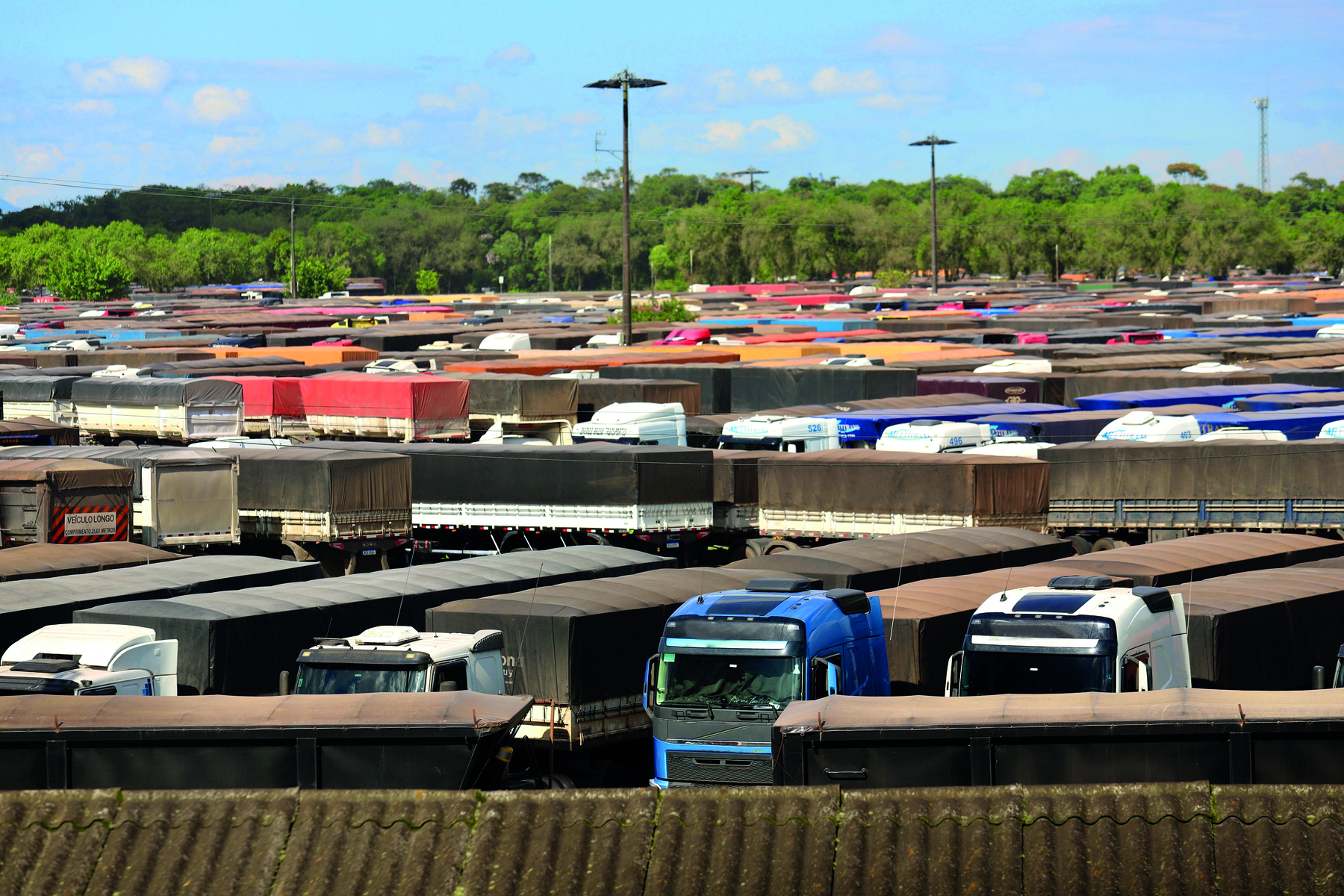 Fotografia. Em um local aberto, no primeiro plano, vários caminhões de carga estacionados e com cabine e lona de diferentes cores em meio a postes de luz. A maioria das lonas são marrons, enquanto a maior das cabinas são brancas. Ao fundo vegetação composta por muitas árvores e céu azul com algumas nuvens.